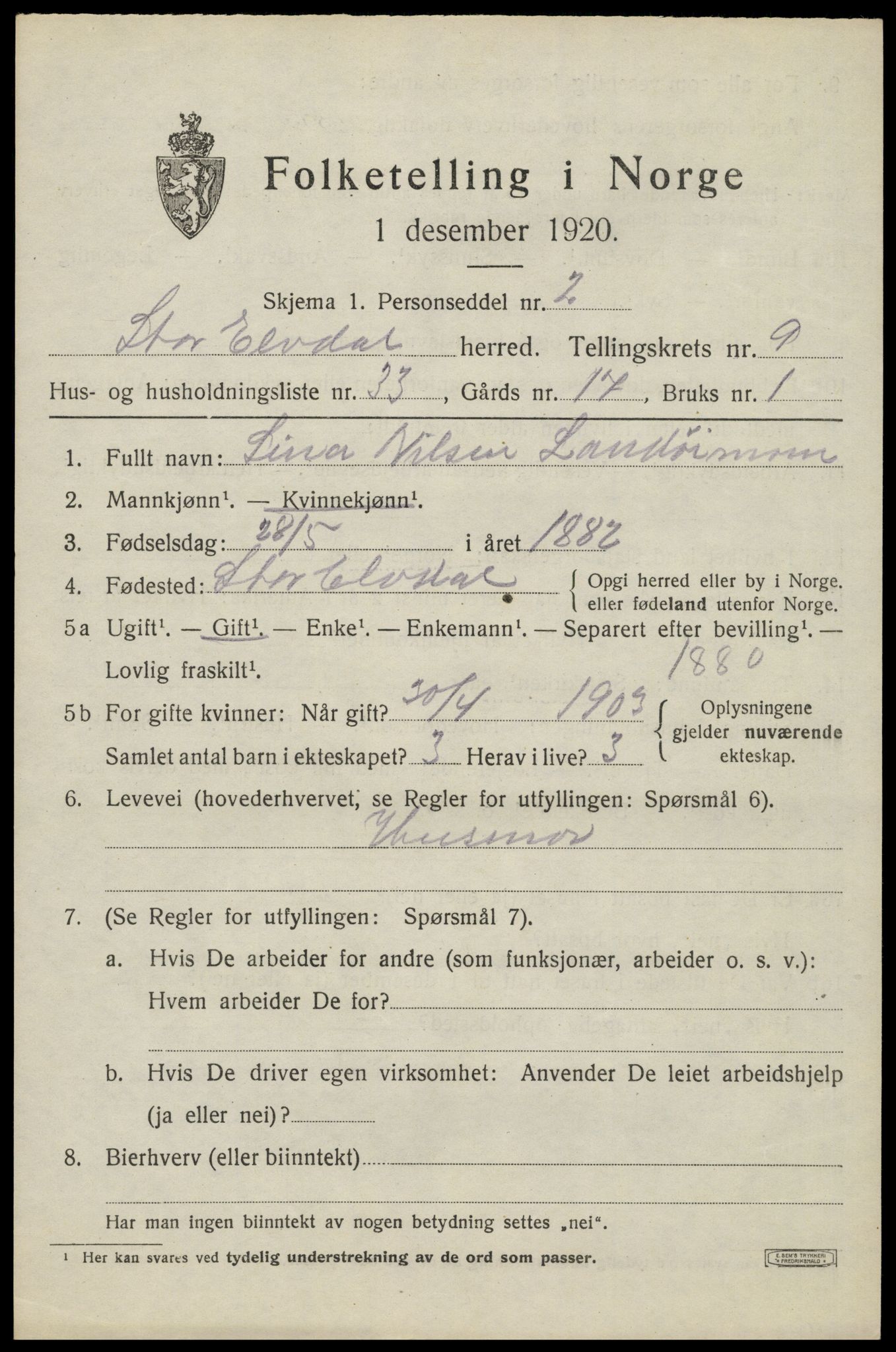 SAH, 1920 census for Stor-Elvdal, 1920, p. 8870
