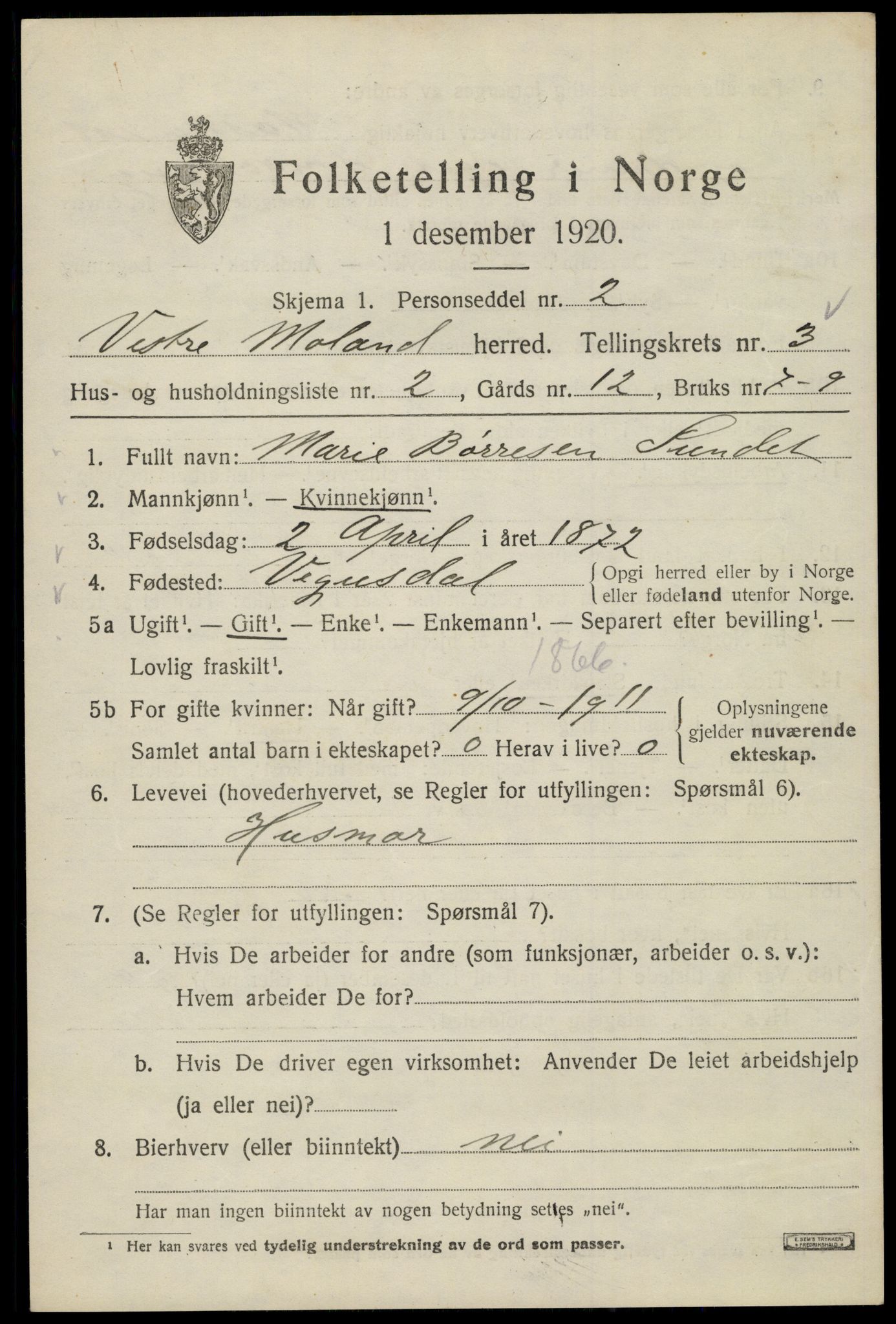 SAK, 1920 census for Vestre Moland, 1920, p. 3347