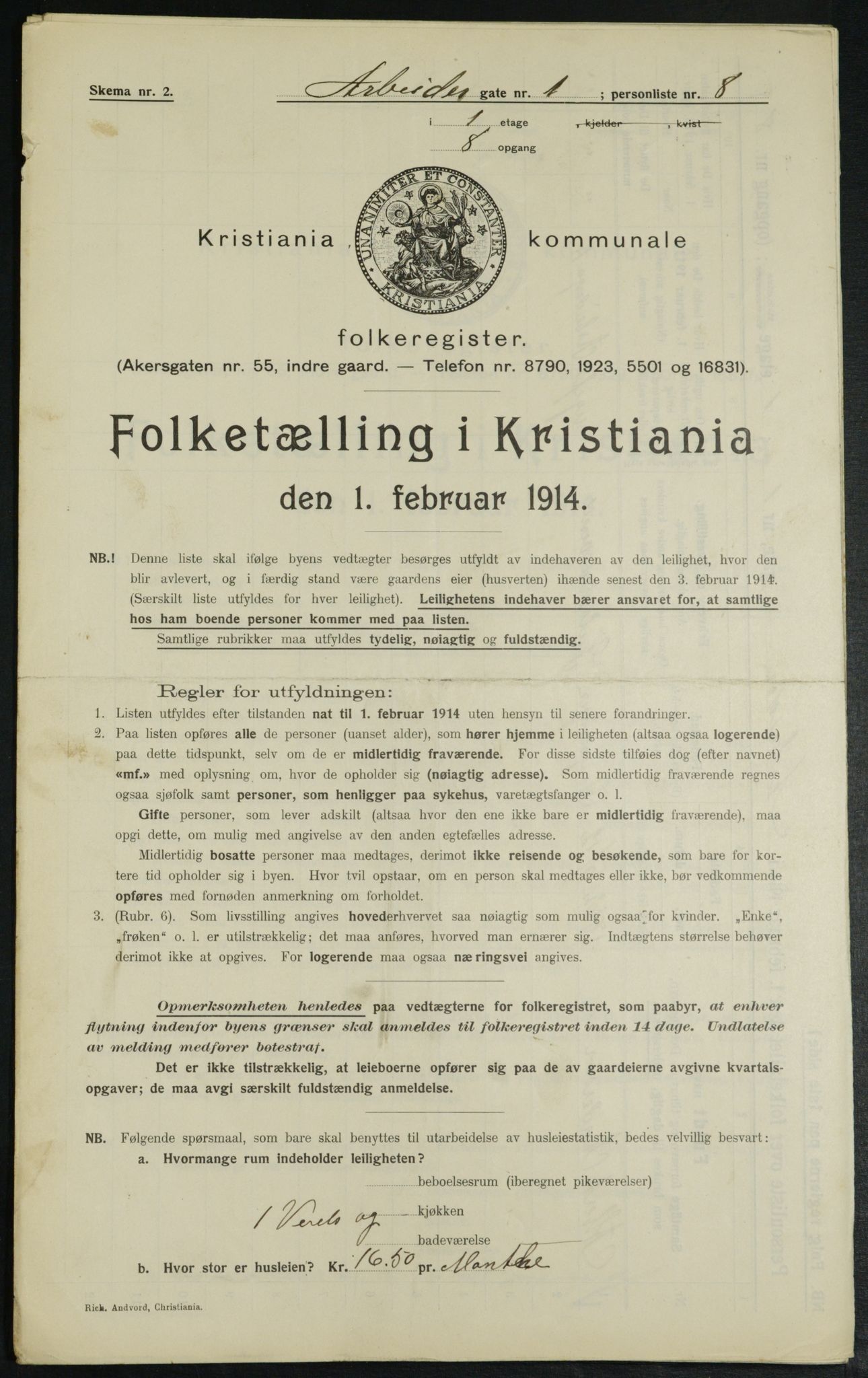 OBA, Municipal Census 1914 for Kristiania, 1914, p. 1487