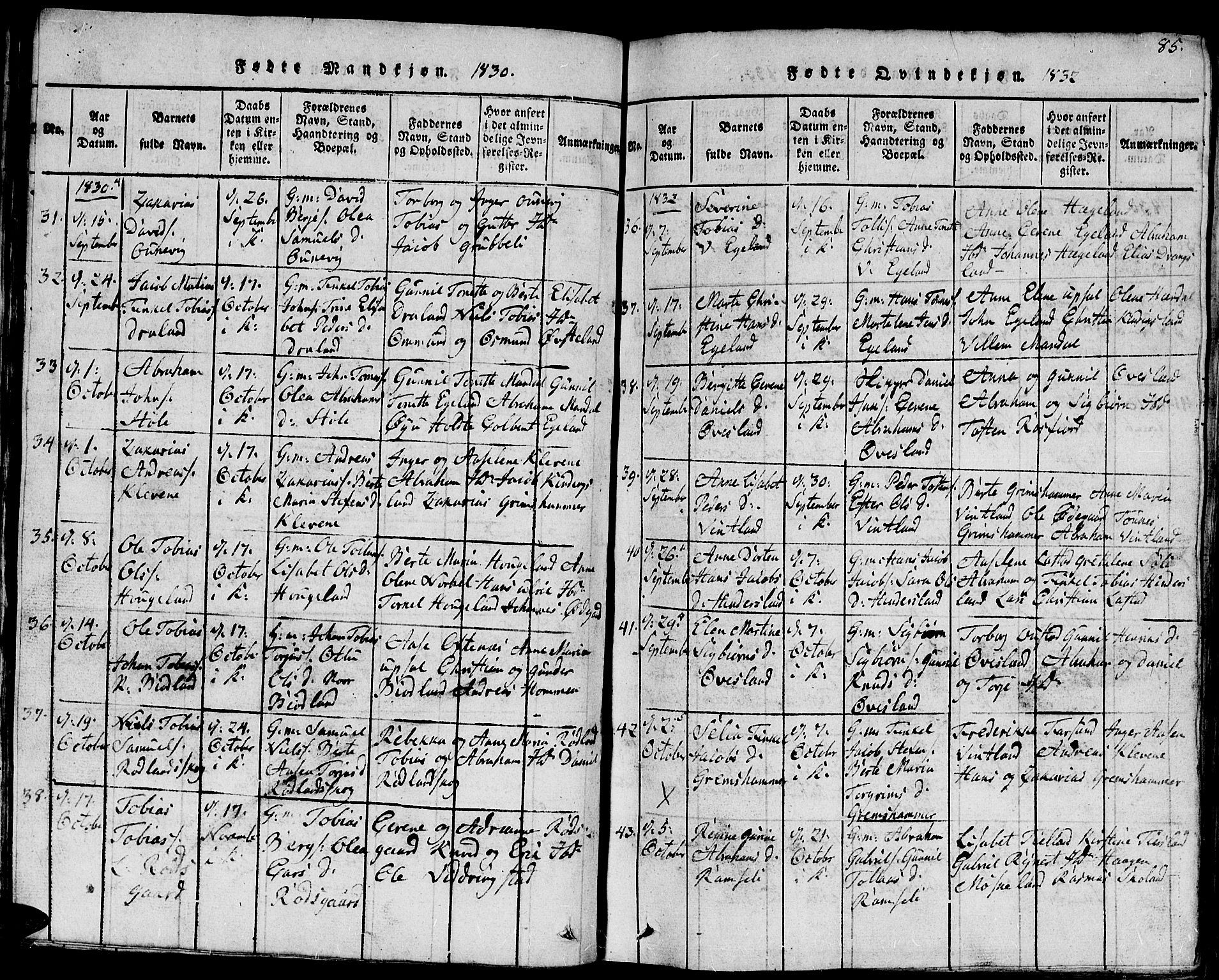 Lyngdal sokneprestkontor, AV/SAK-1111-0029/F/Fb/Fbc/L0001: Parish register (copy) no. B 1, 1815-1844, p. 85