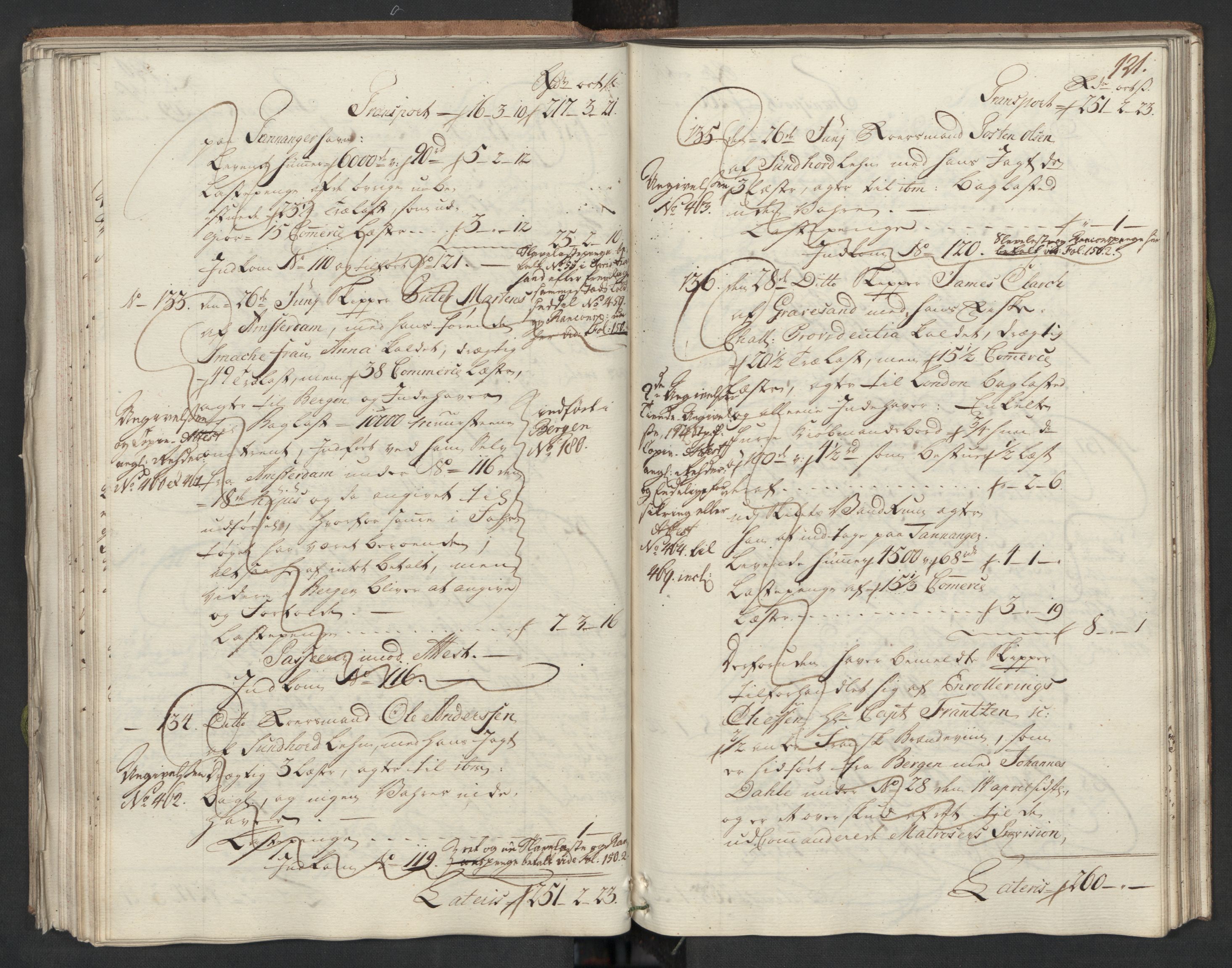 Generaltollkammeret, tollregnskaper, AV/RA-EA-5490/R22/L0024/0001: Tollregnskaper Stavanger / Hovedtollbok, 1762, p. 120b-121a