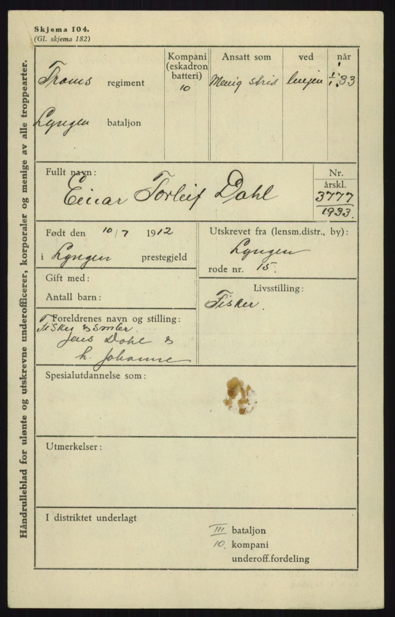 Forsvaret, Troms infanteriregiment nr. 16, AV/RA-RAFA-3146/P/Pa/L0017: Rulleblad for regimentets menige mannskaper, årsklasse 1933, 1933, p. 187