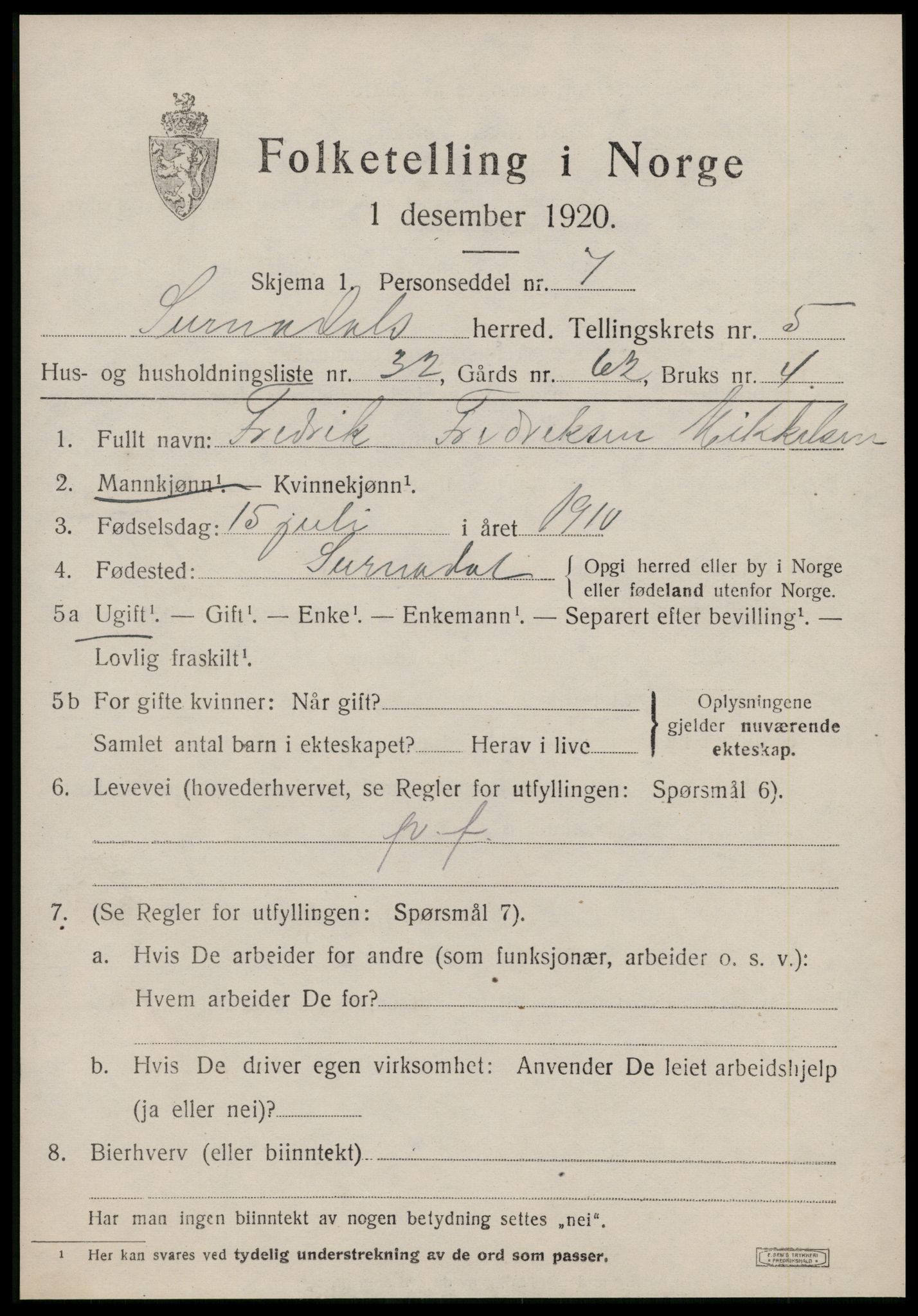 SAT, 1920 census for Surnadal, 1920, p. 4175