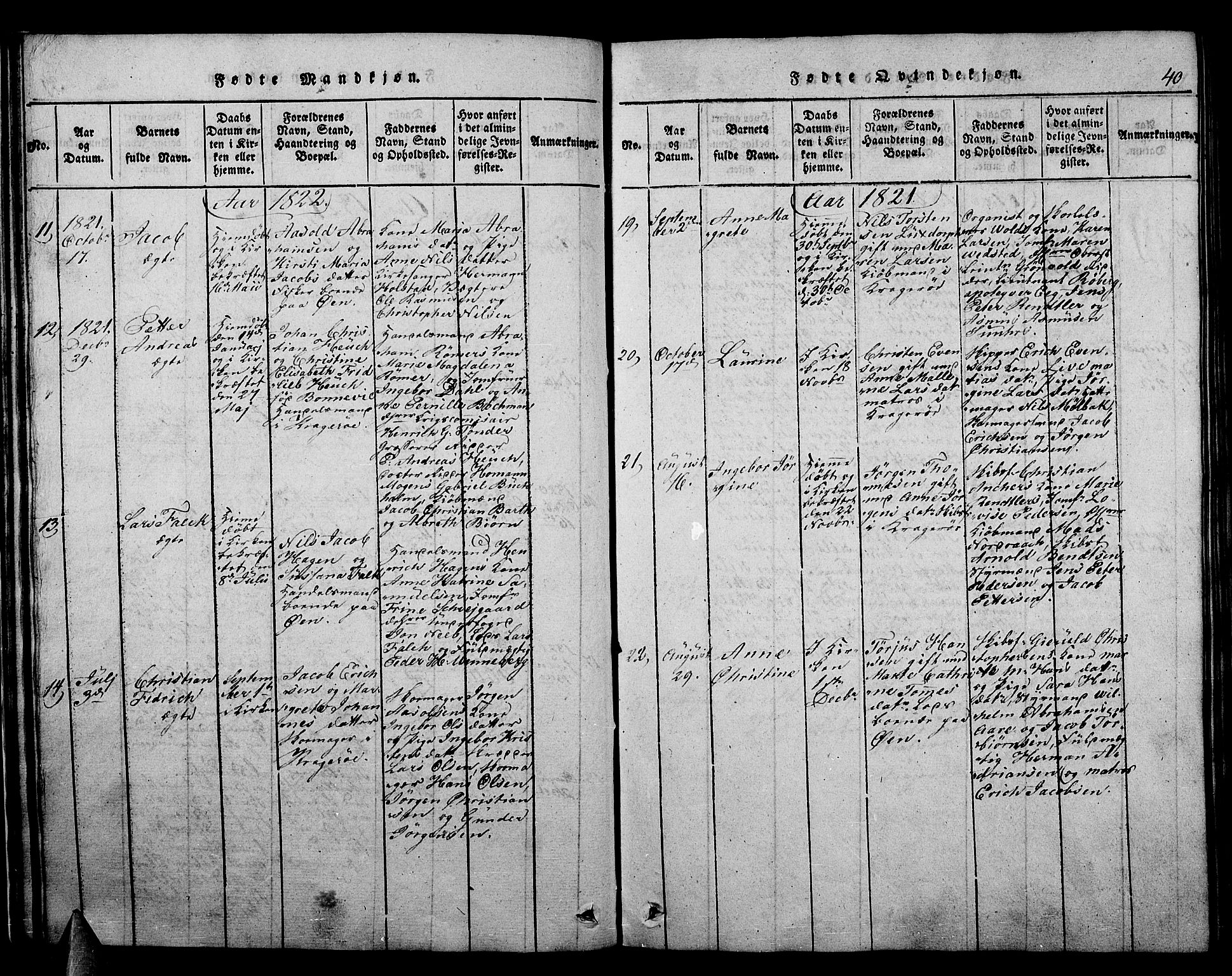 Kragerø kirkebøker, AV/SAKO-A-278/F/Fa/L0004: Parish register (official) no. 4, 1814-1831, p. 40