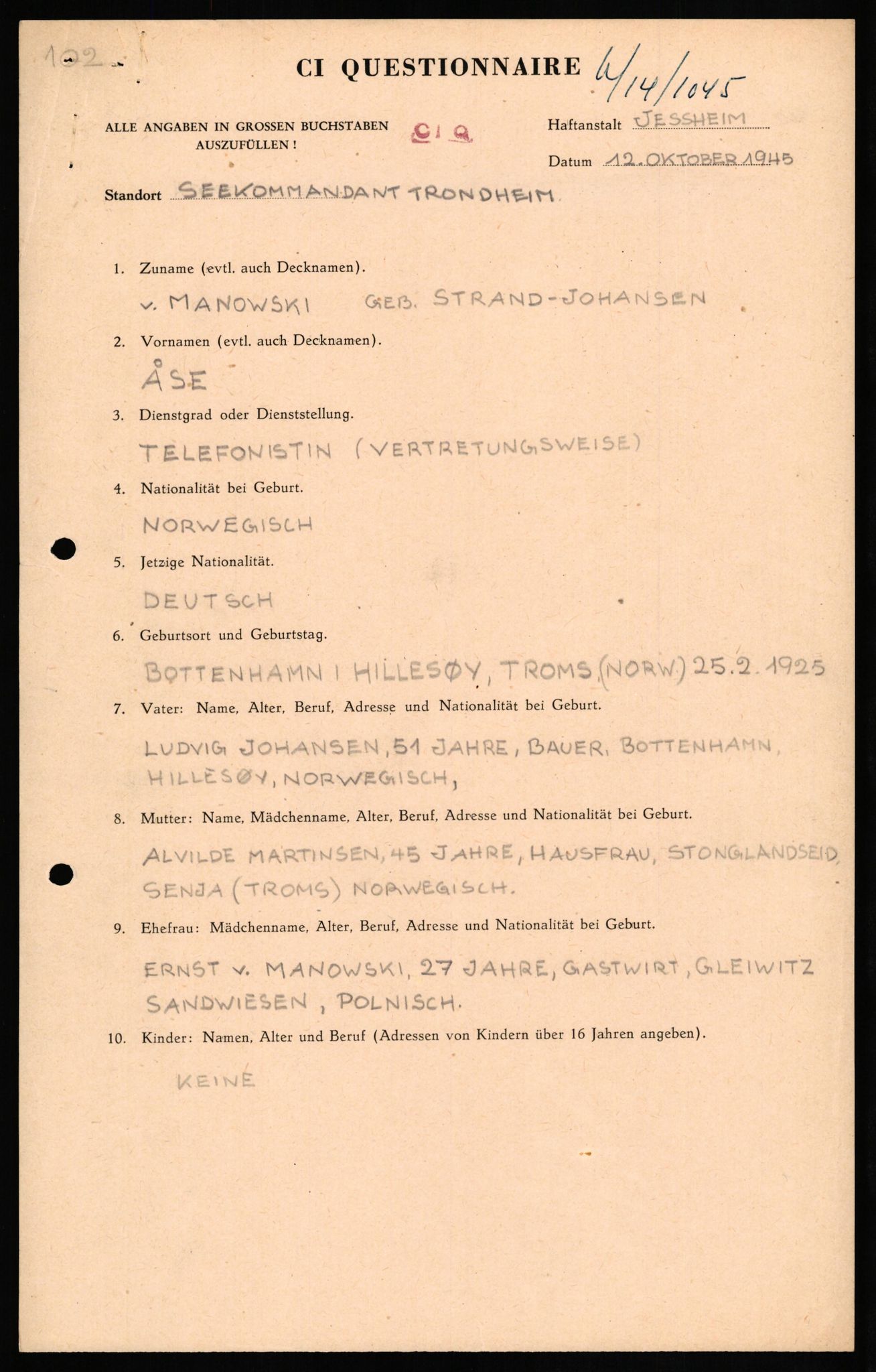 Forsvaret, Forsvarets overkommando II, RA/RAFA-3915/D/Db/L0021: CI Questionaires. Tyske okkupasjonsstyrker i Norge. Tyskere., 1945-1946, p. 130