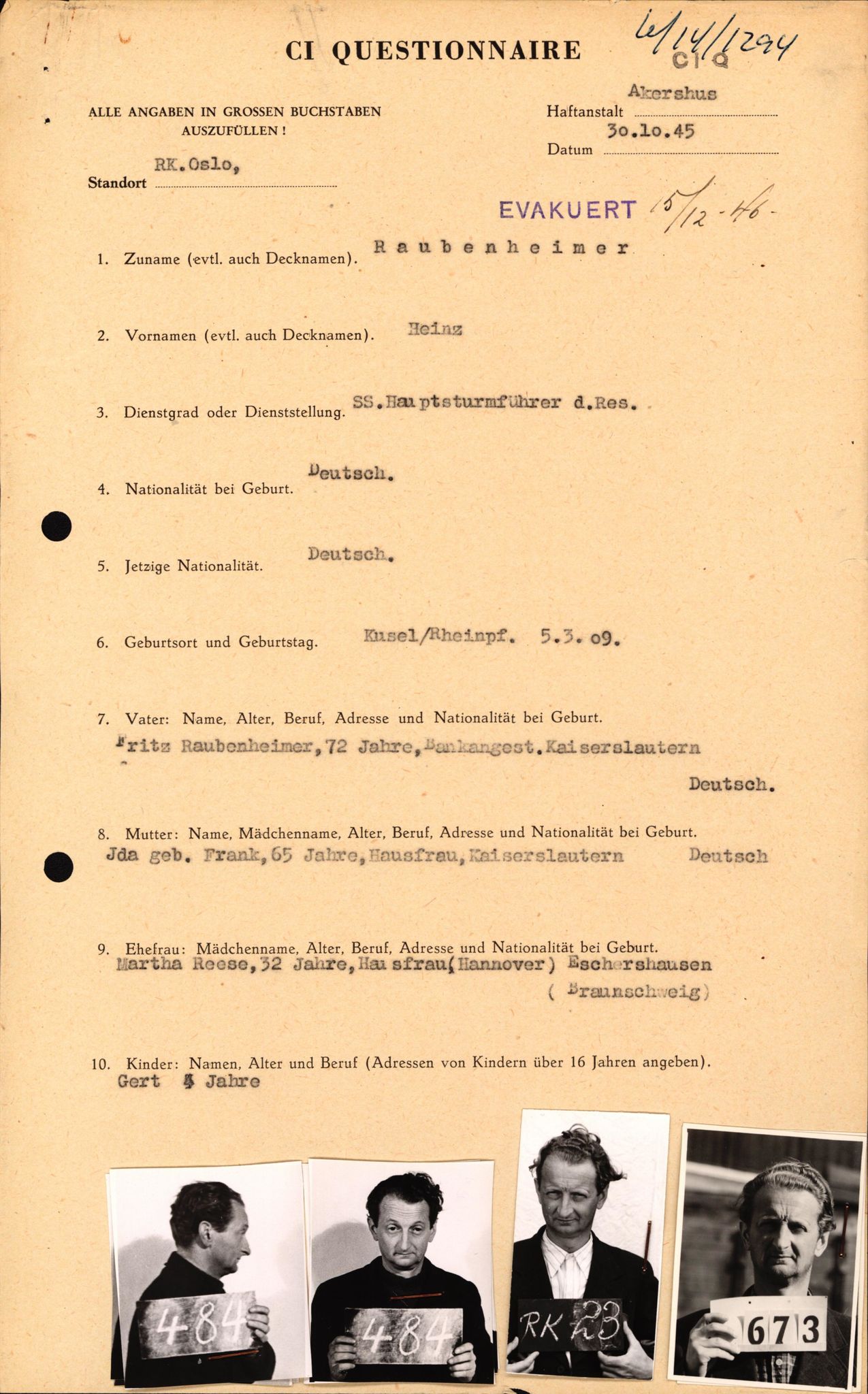 Forsvaret, Forsvarets overkommando II, RA/RAFA-3915/D/Db/L0027: CI Questionaires. Tyske okkupasjonsstyrker i Norge. Tyskere., 1945-1946, p. 45