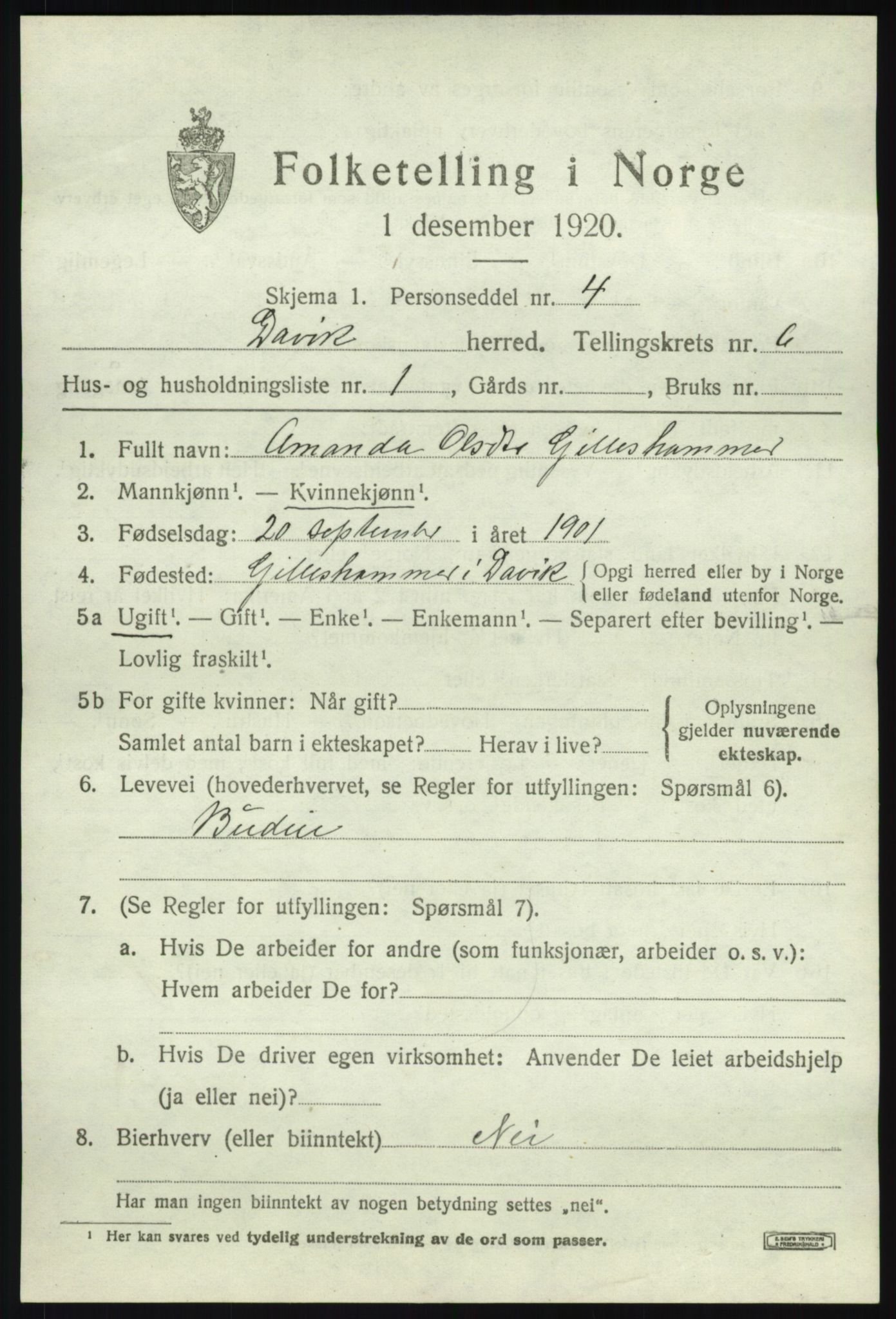 SAB, 1920 census for Davik, 1920, p. 3337