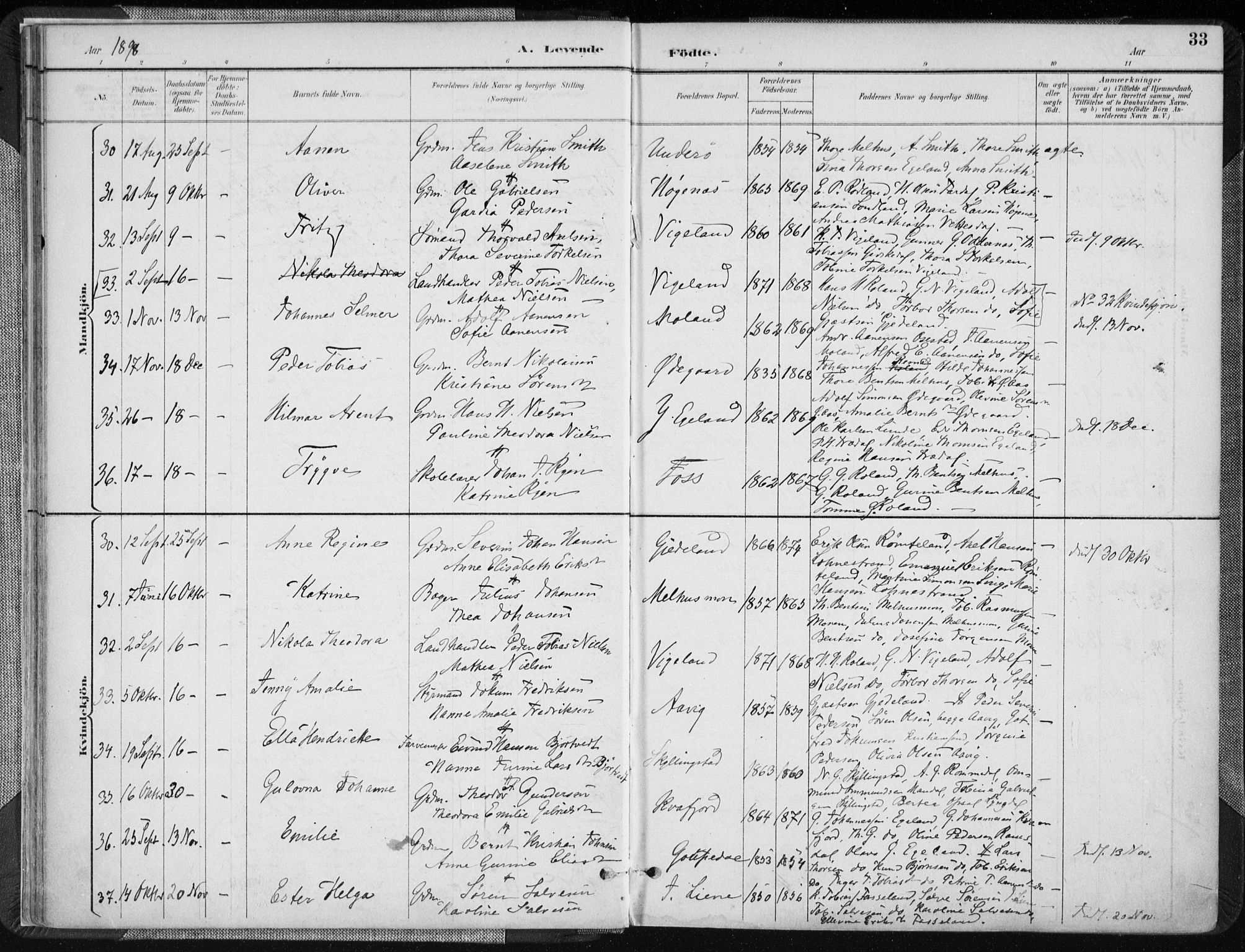 Sør-Audnedal sokneprestkontor, AV/SAK-1111-0039/F/Fa/Fab/L0010: Parish register (official) no. A 10, 1892-1913, p. 33