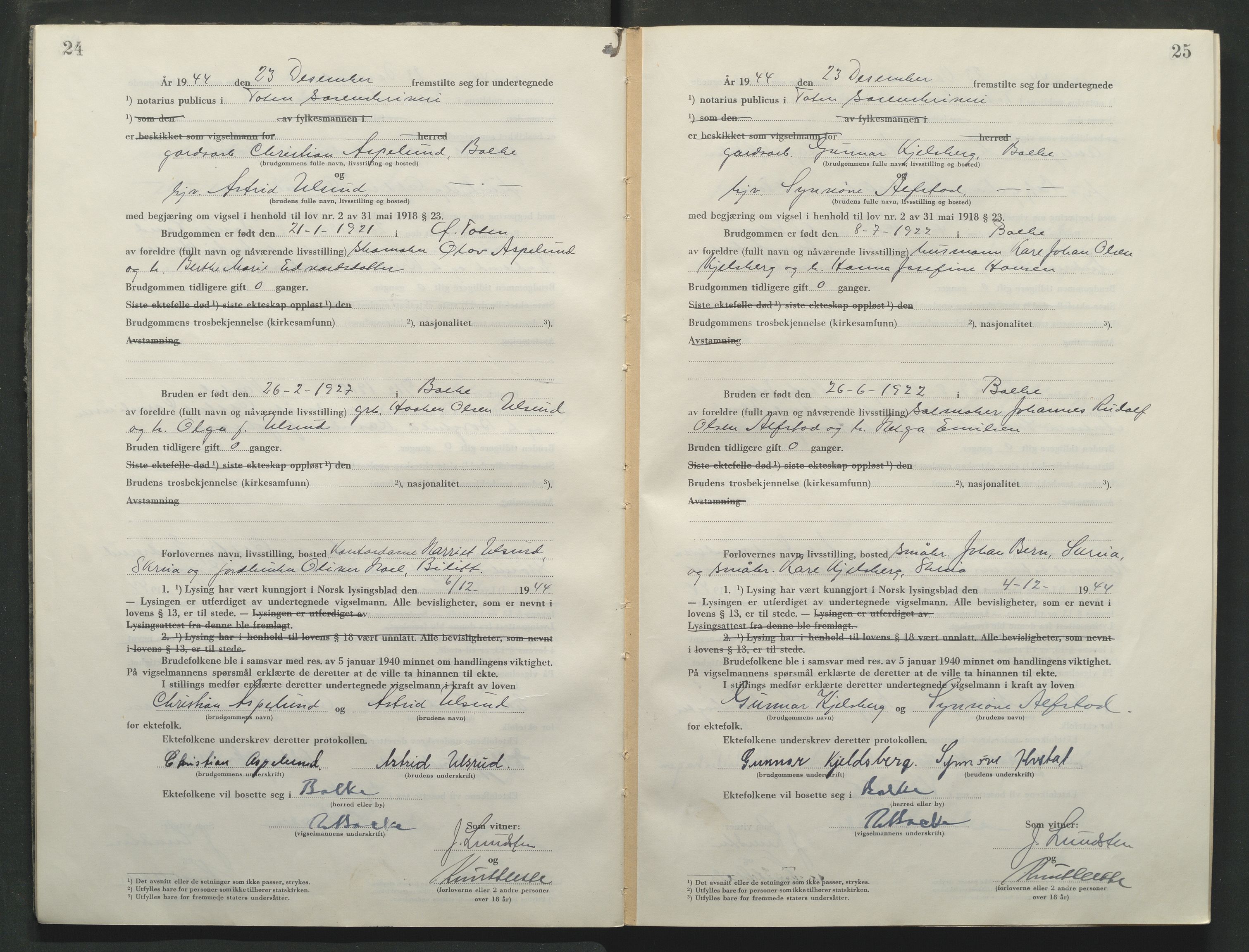 Toten tingrett, AV/SAH-TING-006/L/Lc/L0005: Vigselbok, 1944-1948, p. 24-25