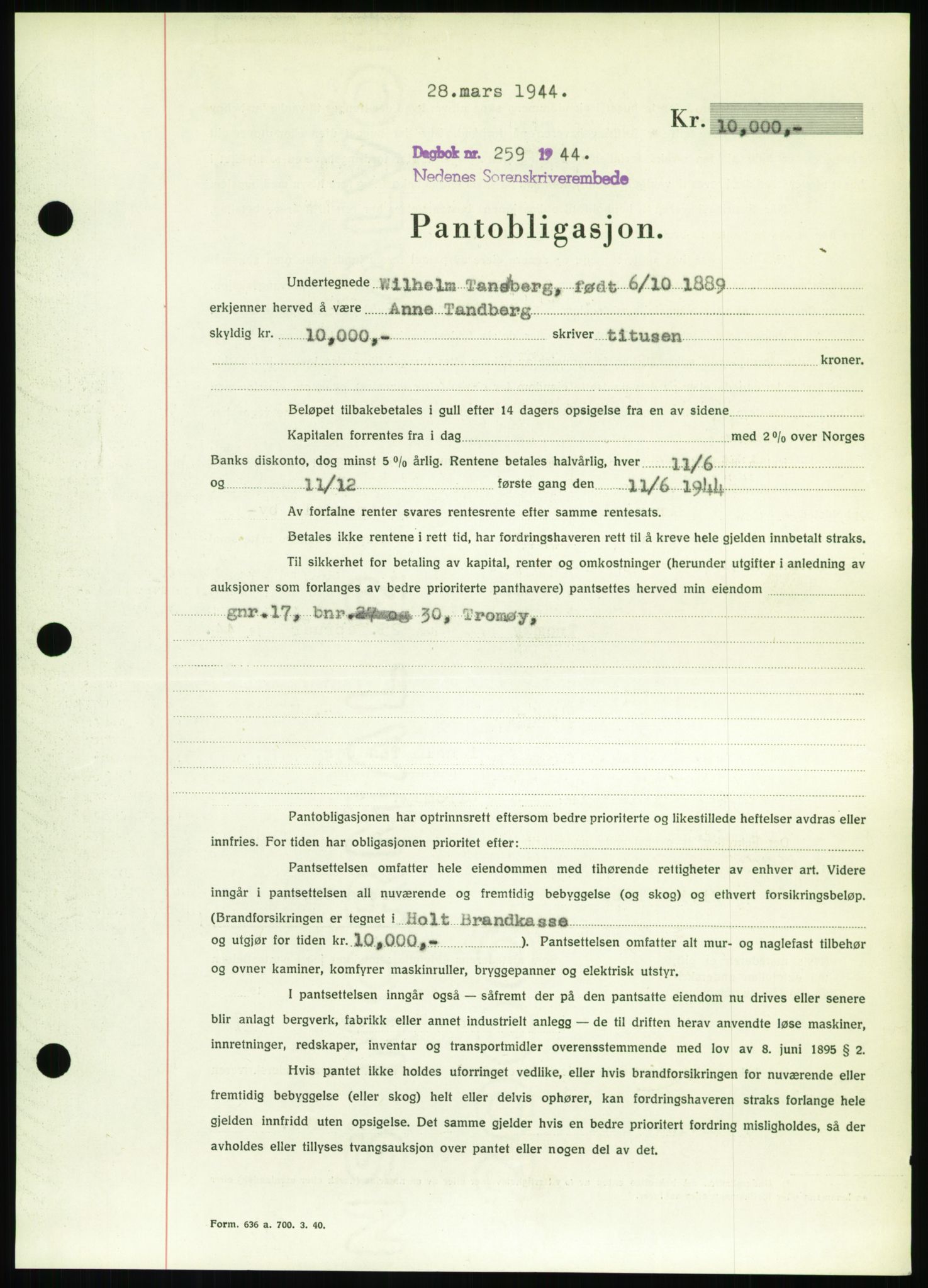 Nedenes sorenskriveri, AV/SAK-1221-0006/G/Gb/Gbb/L0002: Mortgage book no. II, 1942-1945, Diary no: : 259/1944