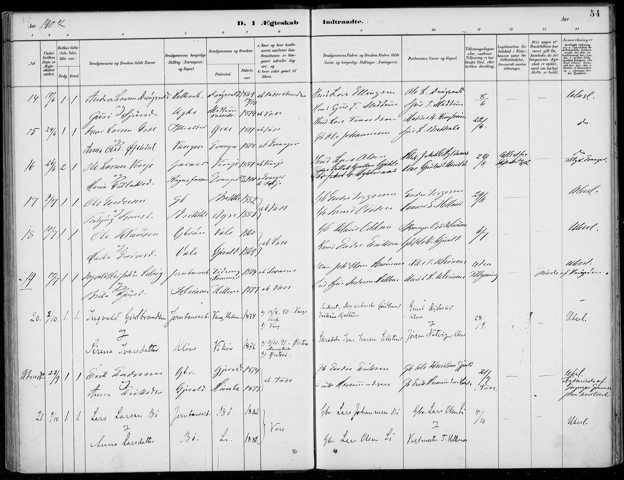 Voss sokneprestembete, AV/SAB-A-79001/H/Haa: Parish register (official) no. C  1, 1887-1915, p. 54