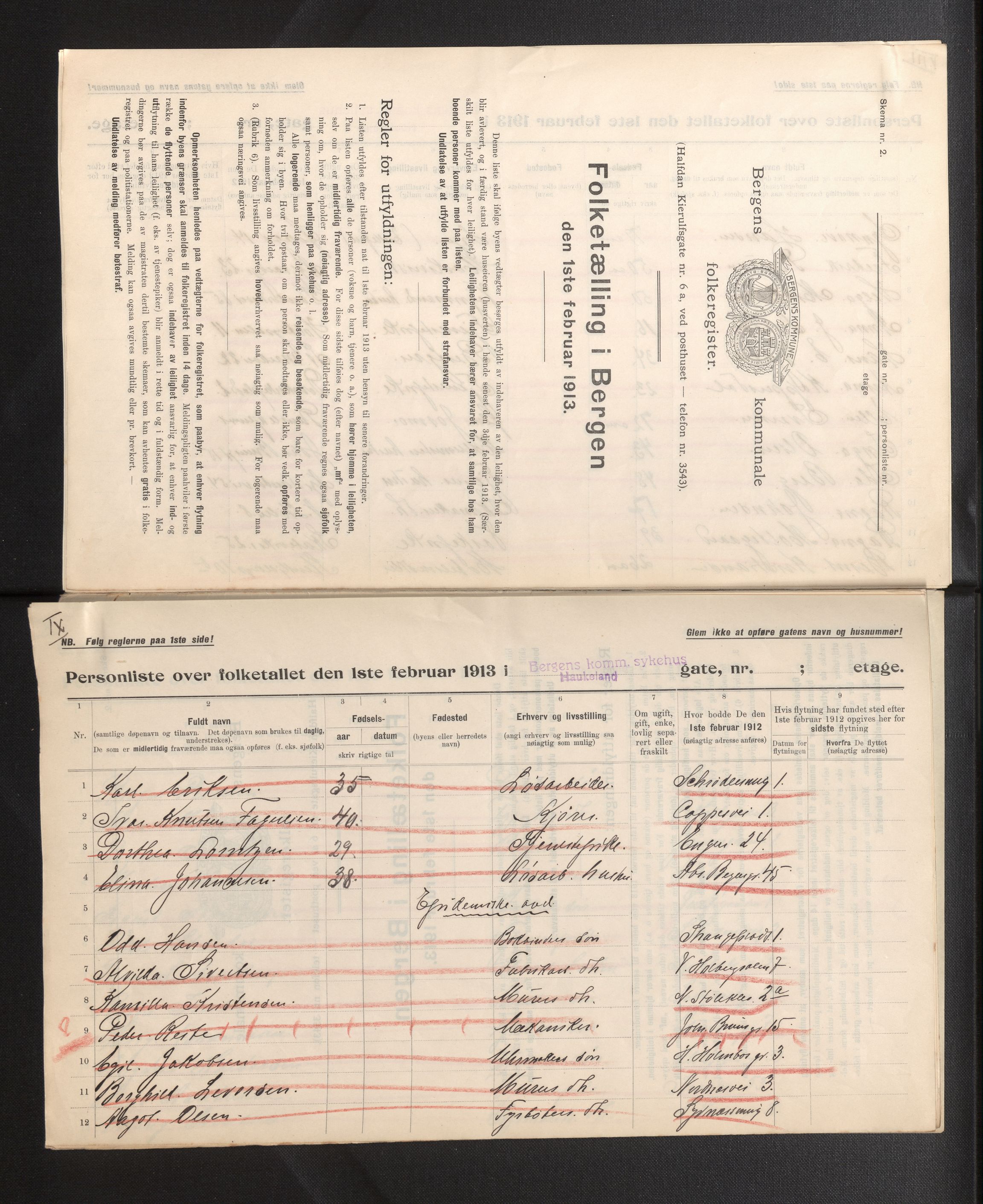 SAB, Municipal Census 1913 for Bergen, 1913, p. 12