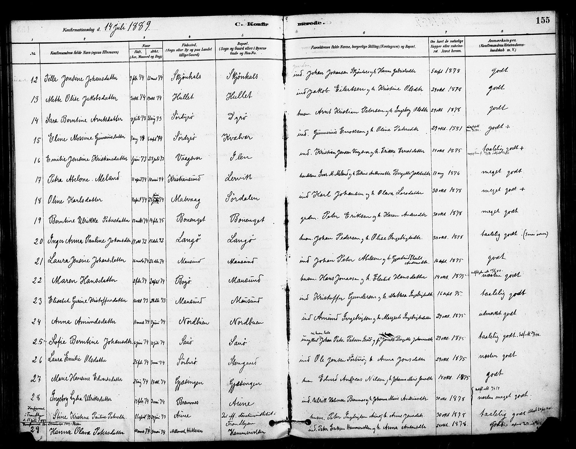 Ministerialprotokoller, klokkerbøker og fødselsregistre - Sør-Trøndelag, AV/SAT-A-1456/640/L0578: Parish register (official) no. 640A03, 1879-1889, p. 155