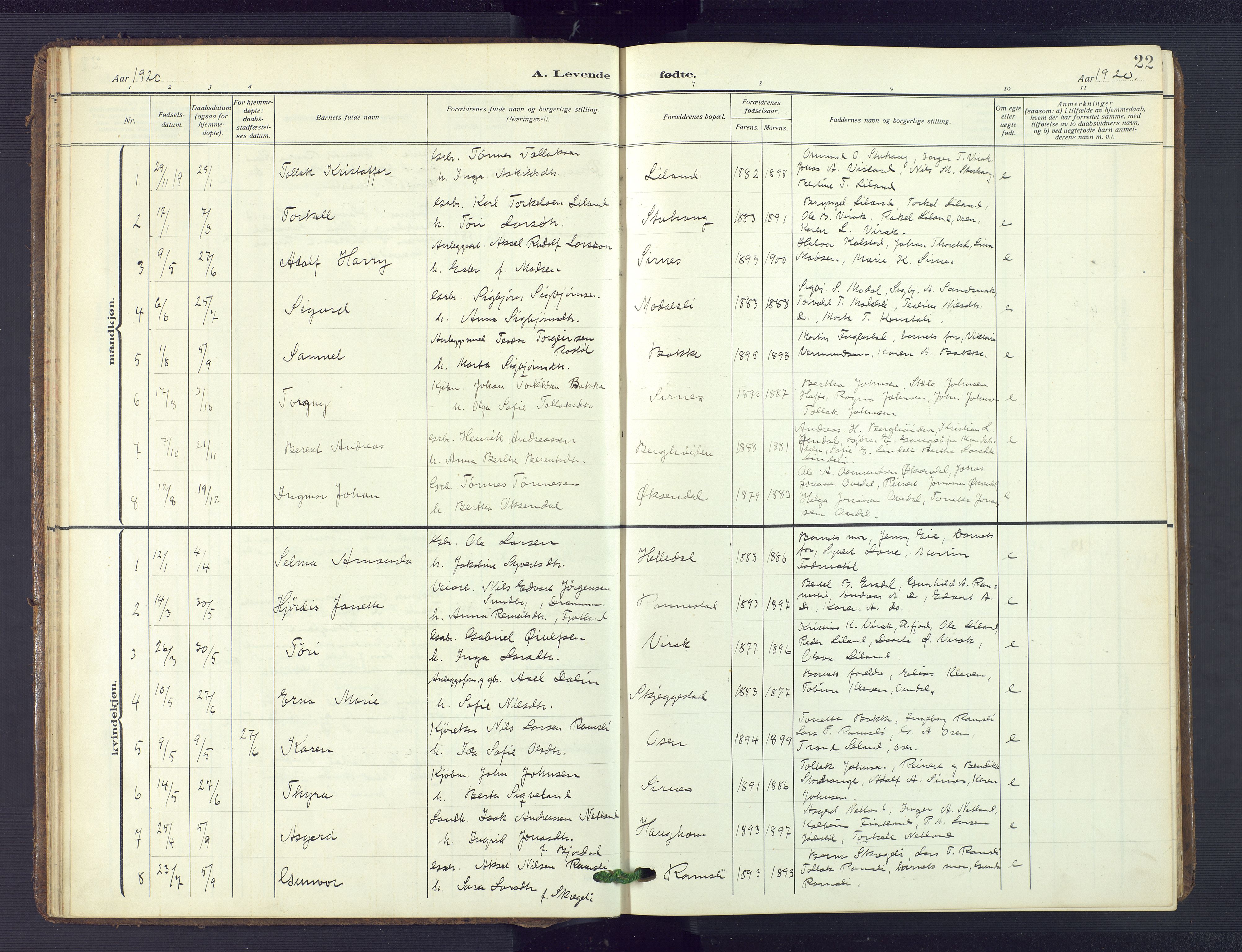 Bakke sokneprestkontor, SAK/1111-0002/F/Fb/Fba/L0004: Parish register (copy) no. B 4, 1911-1946, p. 22
