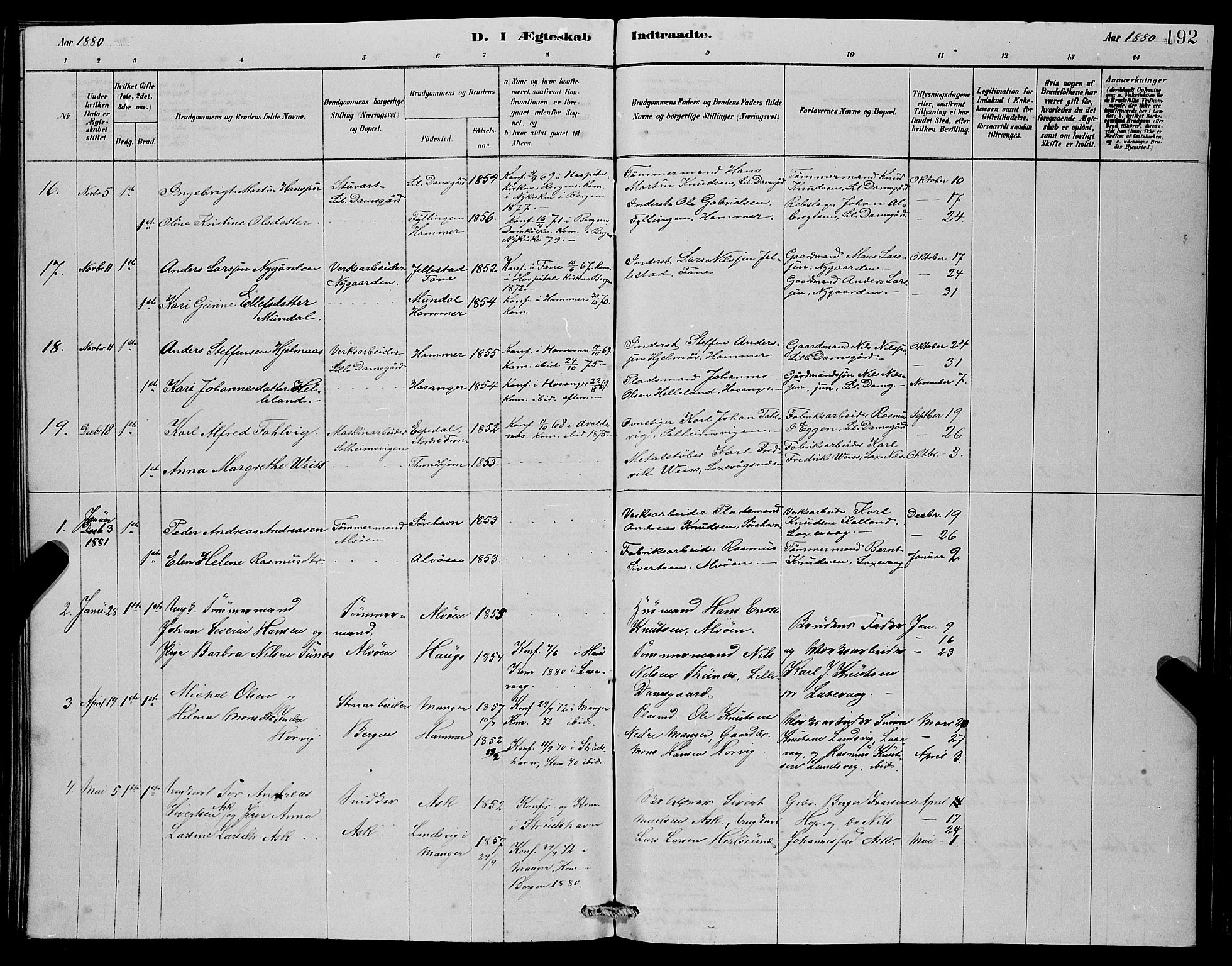 Laksevåg Sokneprestembete, SAB/A-76501/H/Ha/Hab/Haba/L0002: Parish register (copy) no. A 2, 1877-1887, p. 192