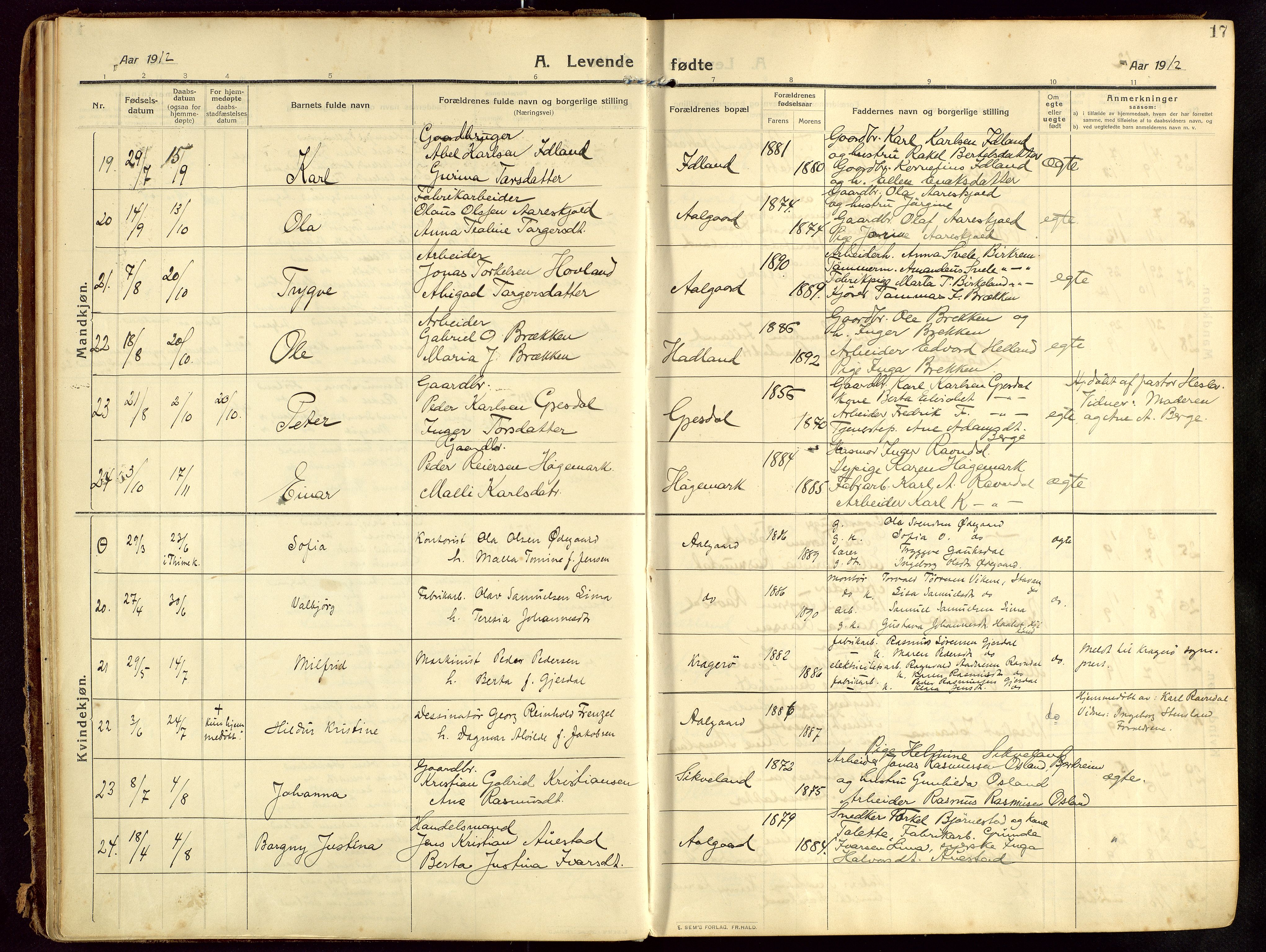 Lye sokneprestkontor, AV/SAST-A-101794/002/B/L0001: Parish register (official) no. A 13, 1910-1925, p. 17