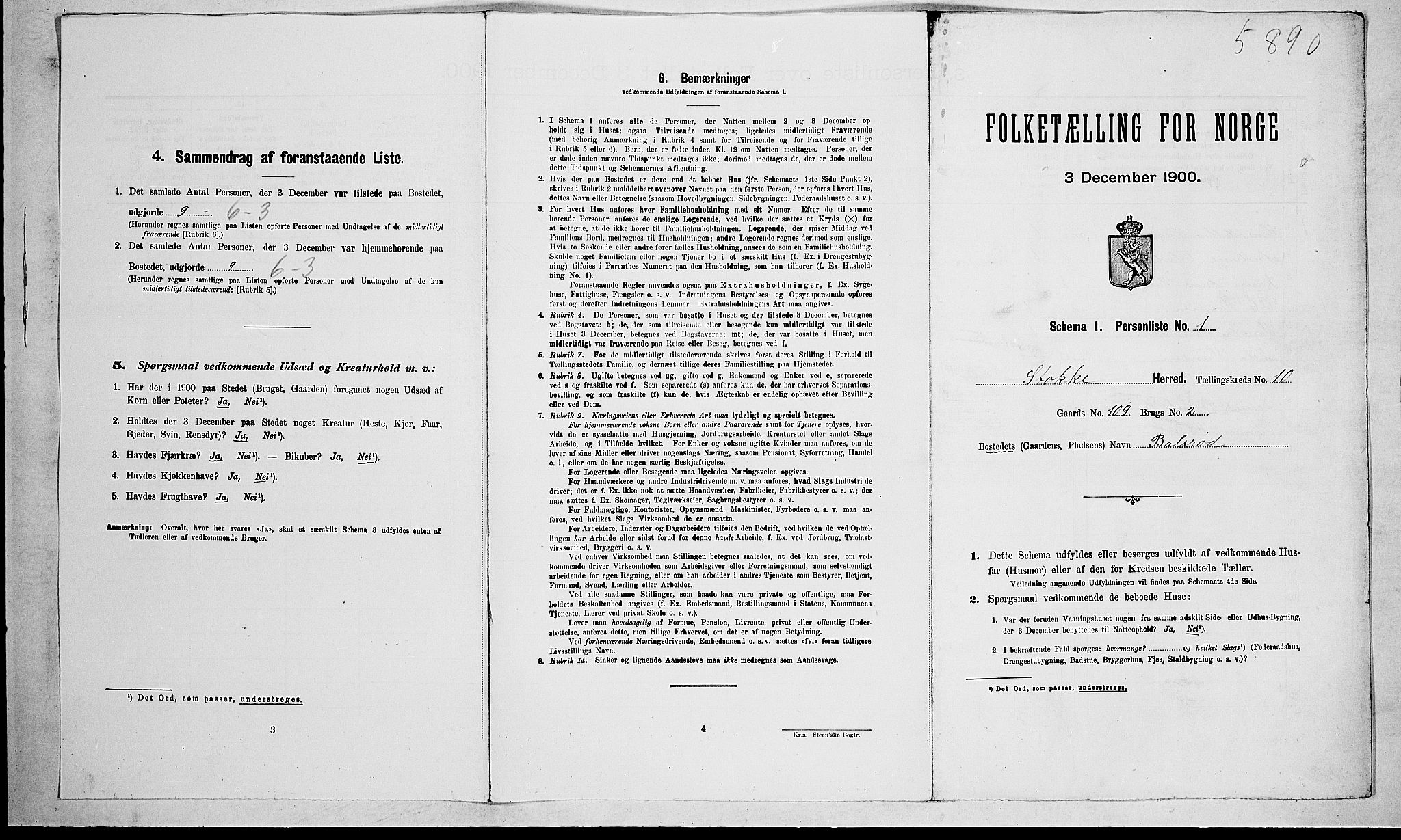 RA, 1900 census for Stokke, 1900, p. 1598