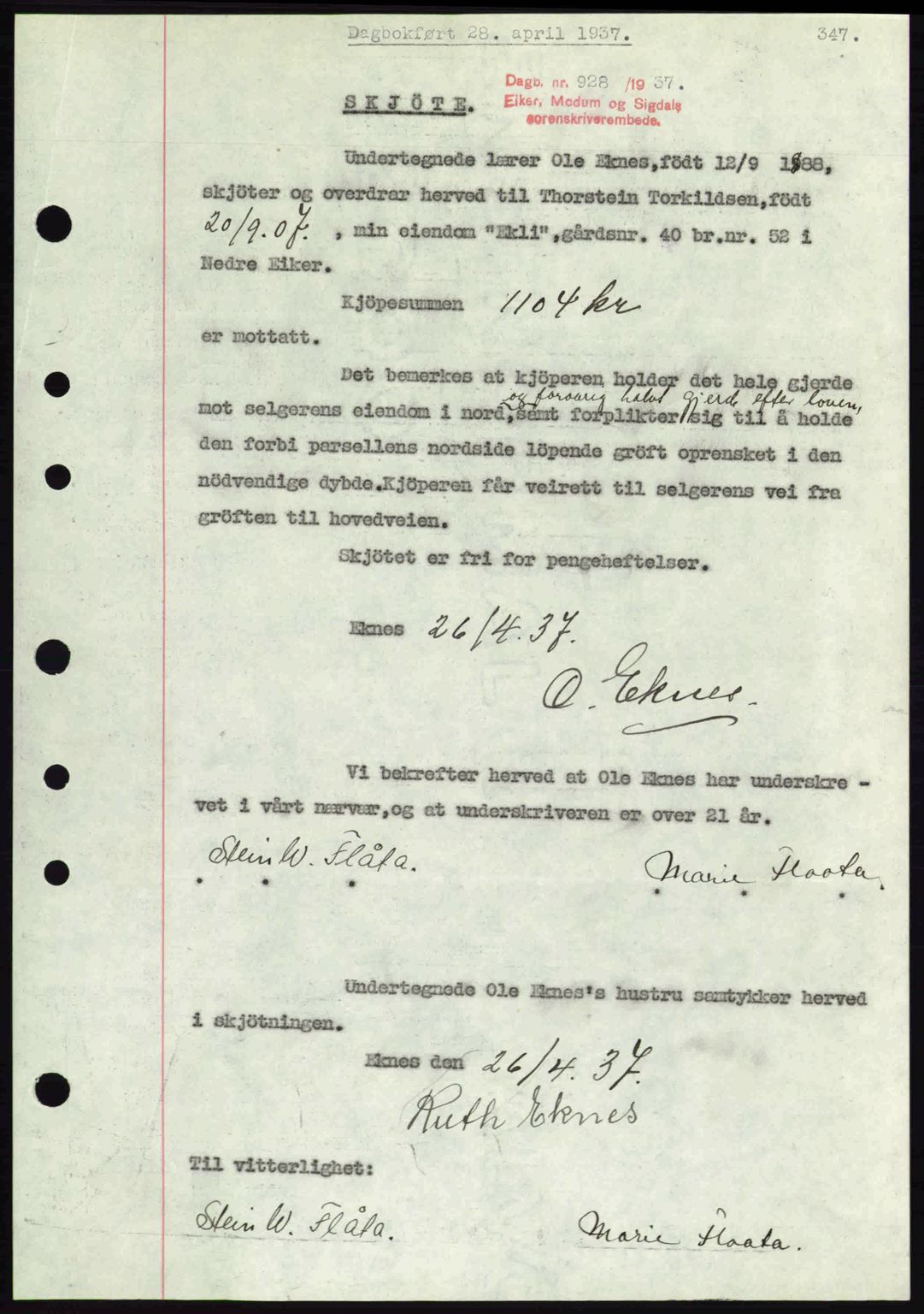 Eiker, Modum og Sigdal sorenskriveri, SAKO/A-123/G/Ga/Gab/L0035: Mortgage book no. A5, 1937-1937, Diary no: : 928/1937
