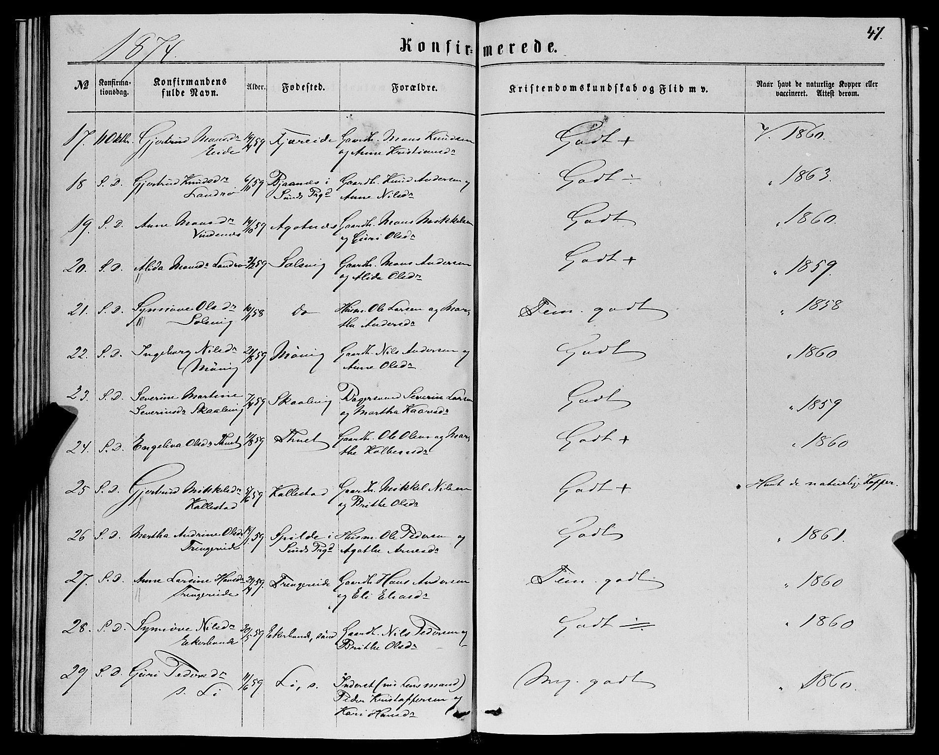 Fjell sokneprestembete, AV/SAB-A-75301/H/Haa: Parish register (official) no. A 5, 1864-1877, p. 47