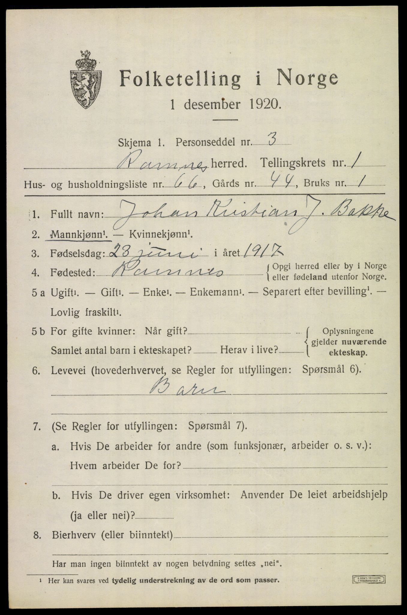 SAKO, 1920 census for Ramnes, 1920, p. 1948