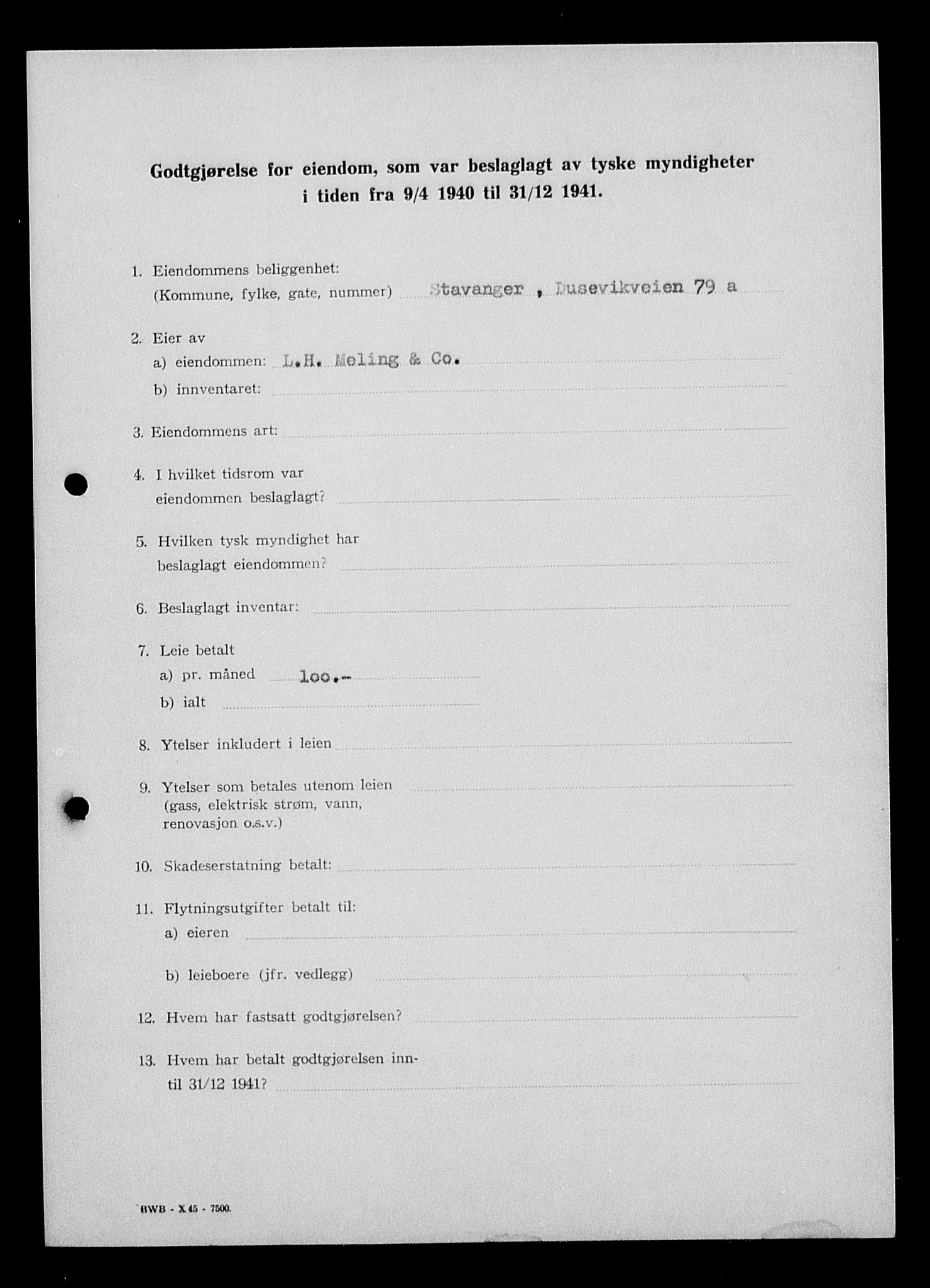 Justisdepartementet, Tilbakeføringskontoret for inndratte formuer, AV/RA-S-1564/I/L1014: Godtgjørelse for beslaglagt eiendom, 1940-1941, p. 87