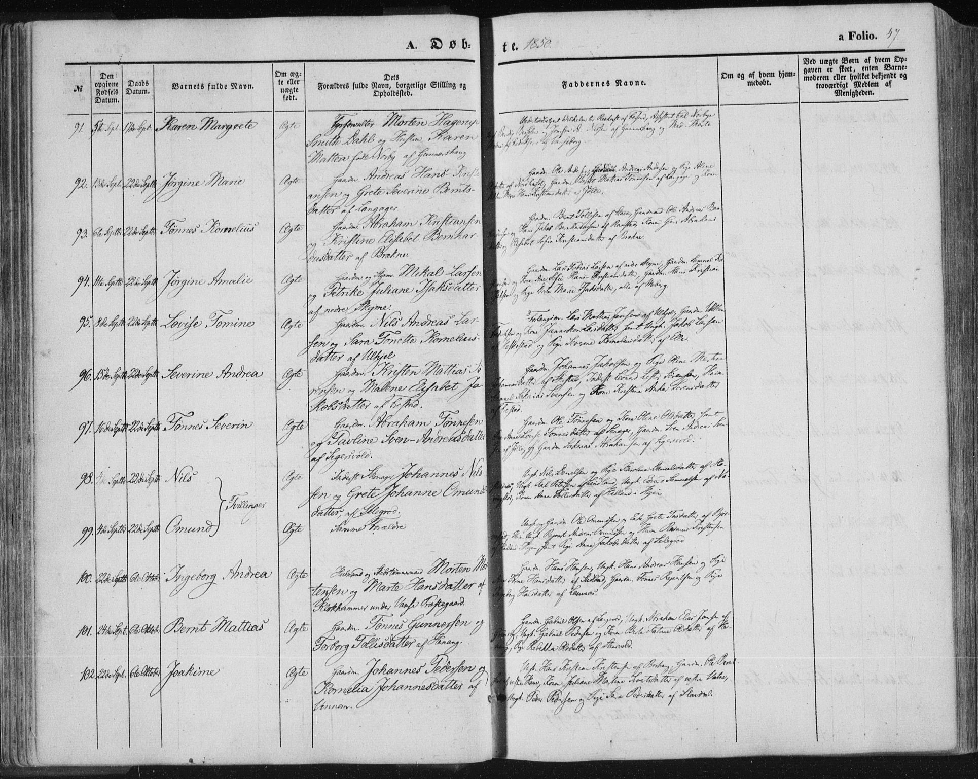 Lista sokneprestkontor, SAK/1111-0027/F/Fa/L0010: Parish register (official) no. A 10, 1846-1861, p. 47