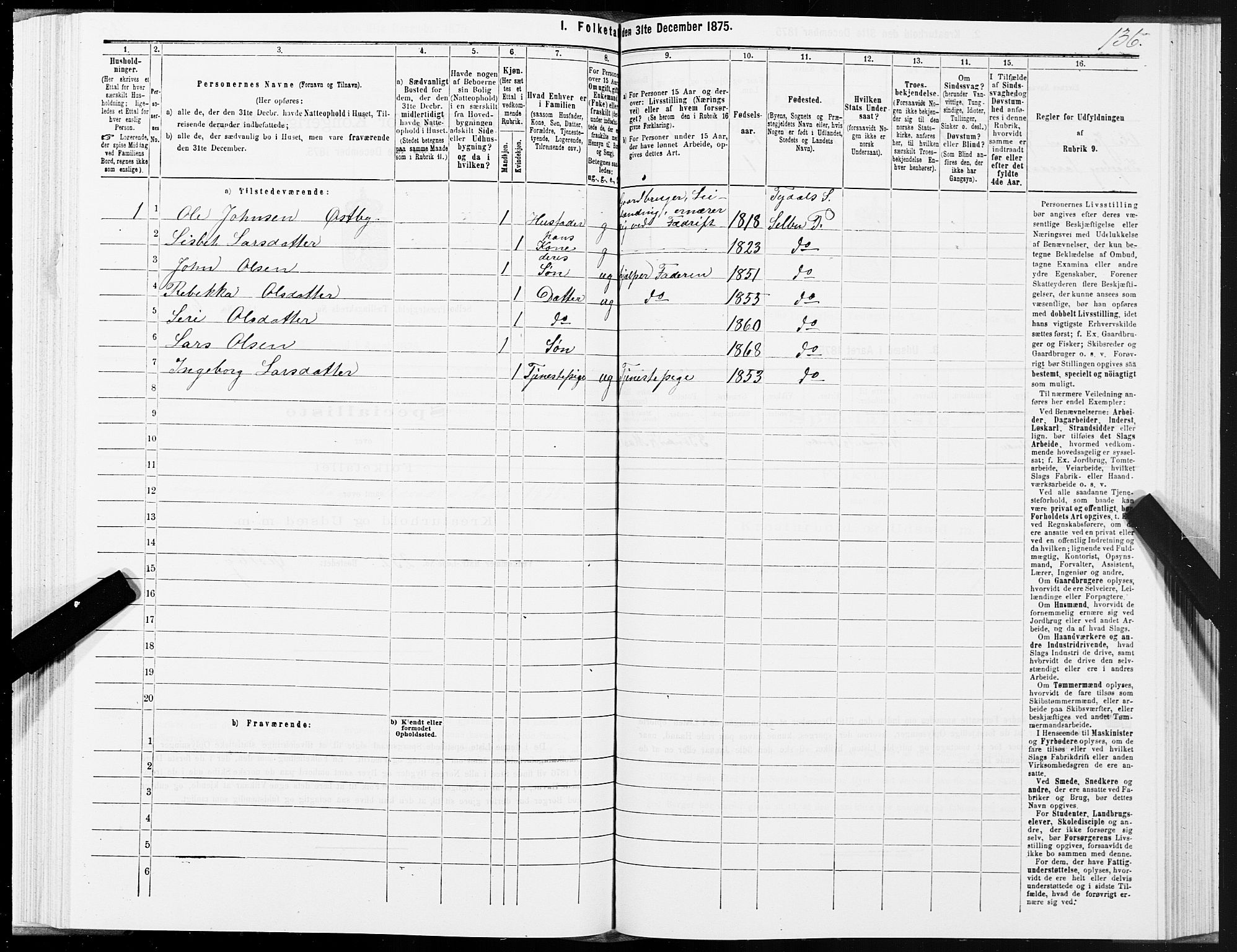 SAT, 1875 census for 1664P Selbu, 1875, p. 7136