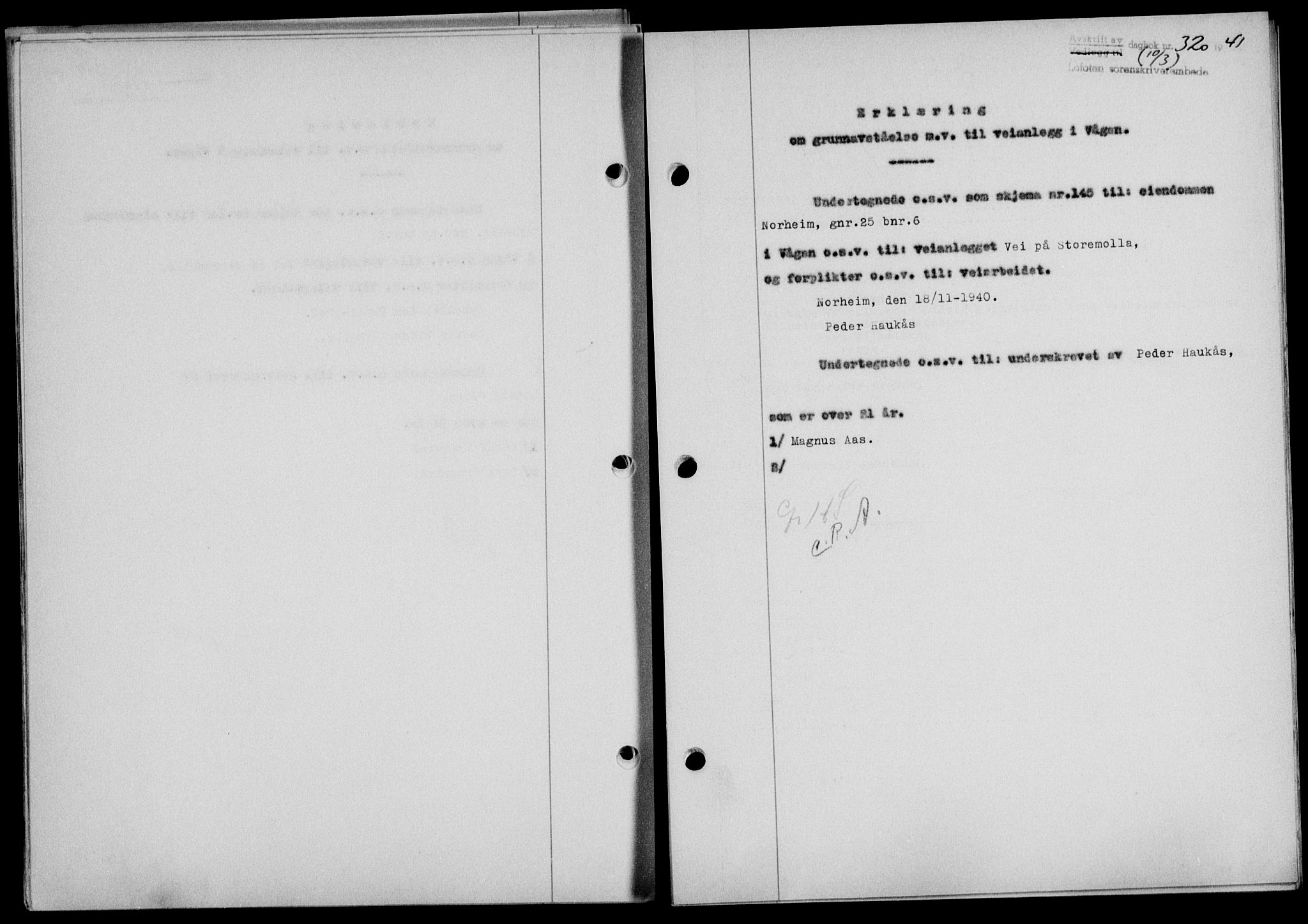 Lofoten sorenskriveri, SAT/A-0017/1/2/2C/L0008a: Mortgage book no. 8a, 1940-1941, Diary no: : 320/1941