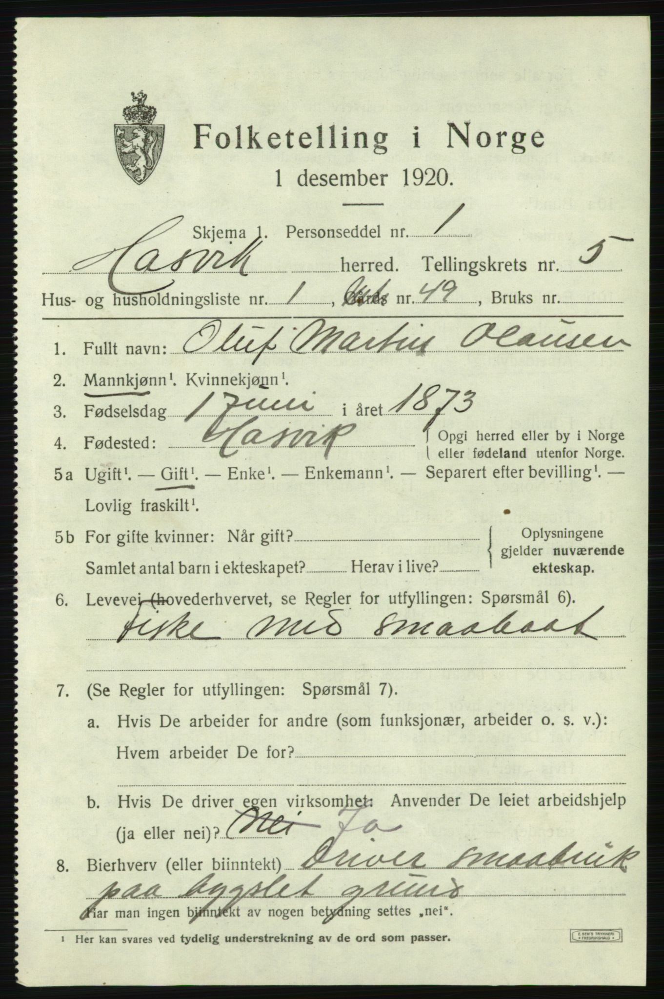 SATØ, 1920 census for Hasvik, 1920, p. 2307