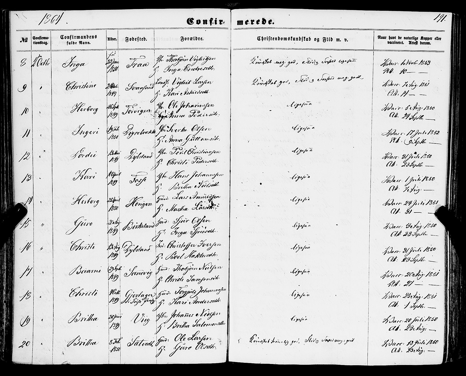 Strandebarm sokneprestembete, AV/SAB-A-78401/H/Haa: Parish register (official) no. A 8, 1858-1872, p. 191