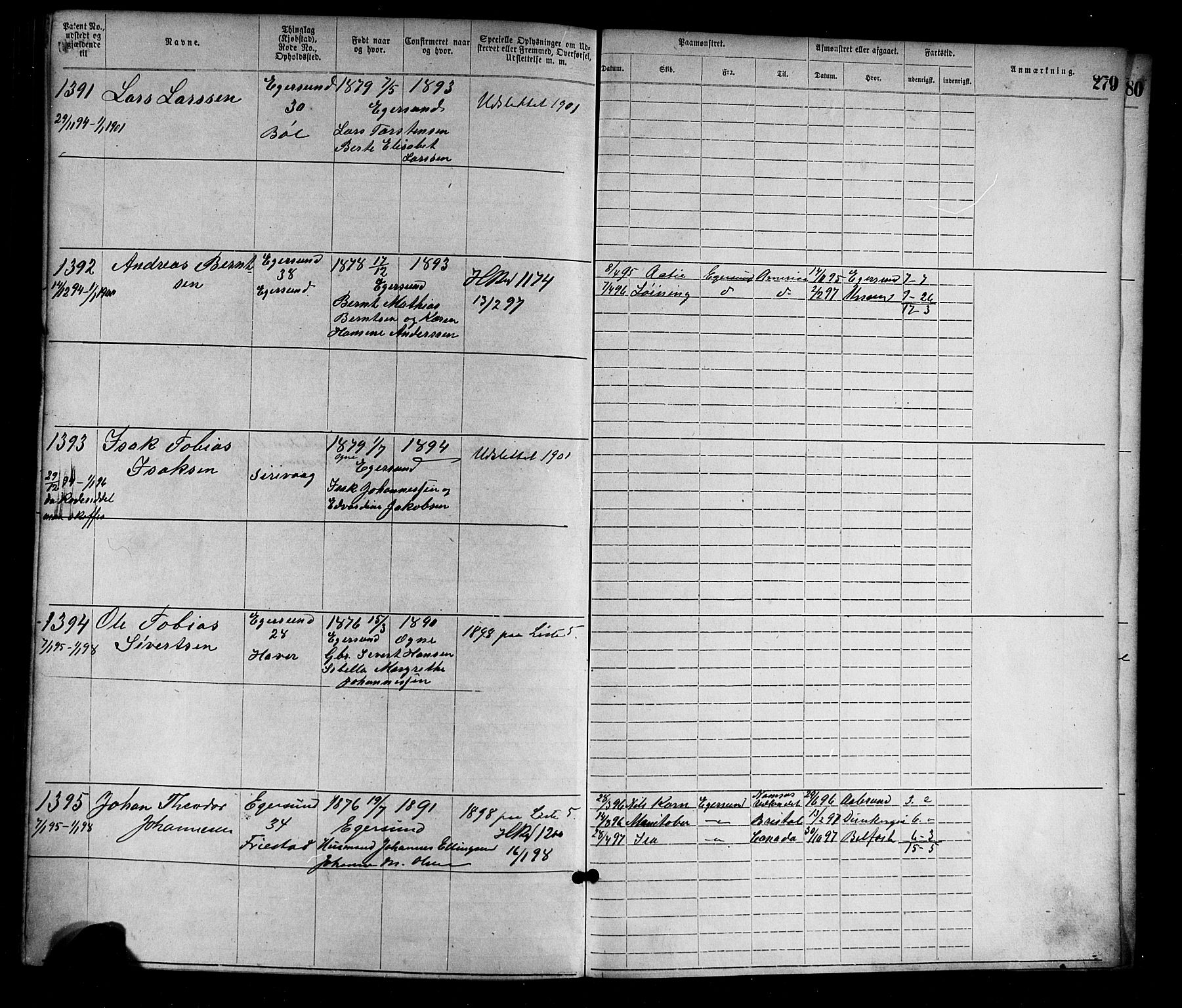 Egersund mønstringskrets, SAK/2031-0019/F/Fa/L0001: Annotasjonsrulle nr 1-1440 med register, O-1, 1869-1895, p. 304