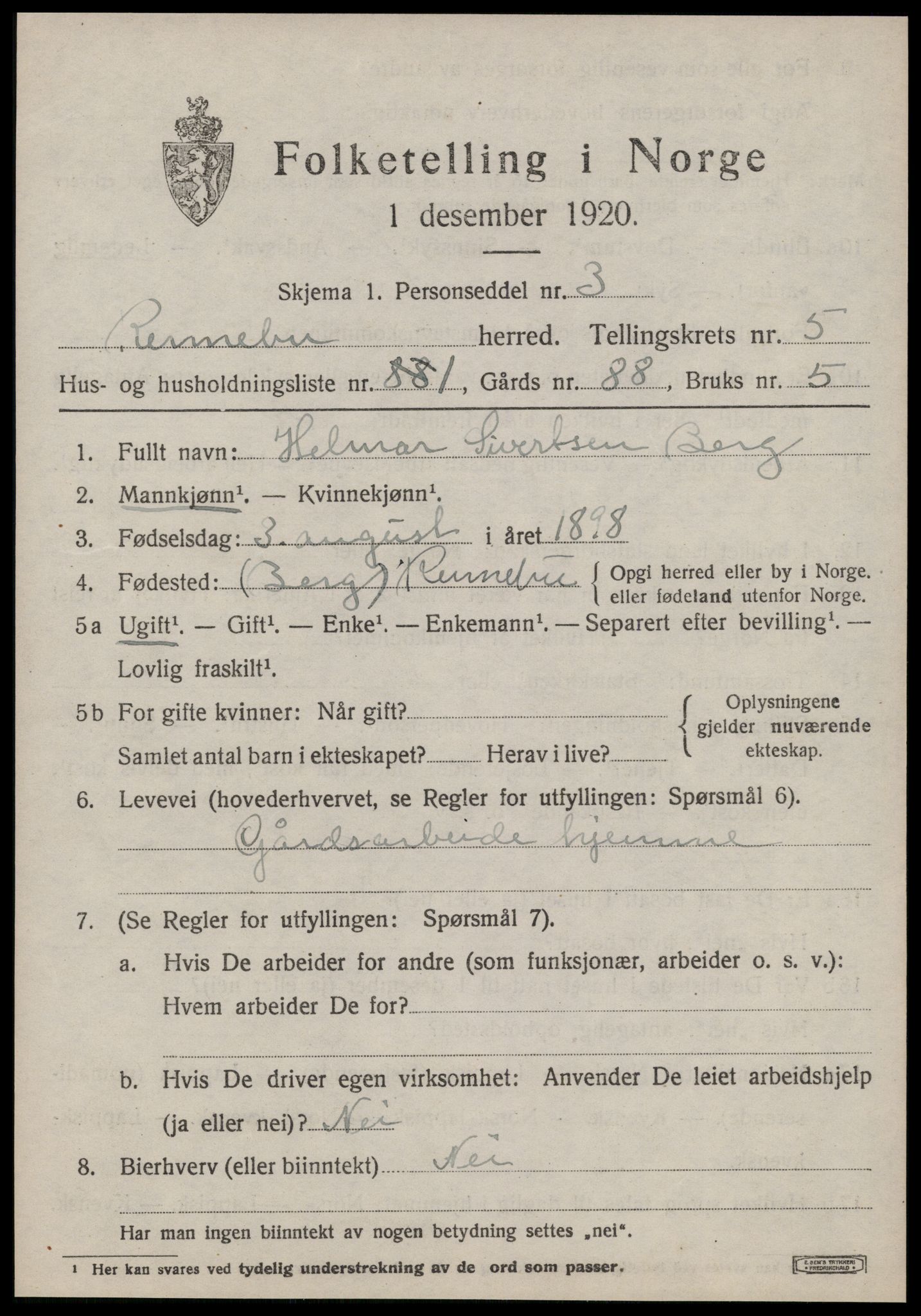 SAT, 1920 census for Rennebu, 1920, p. 3990