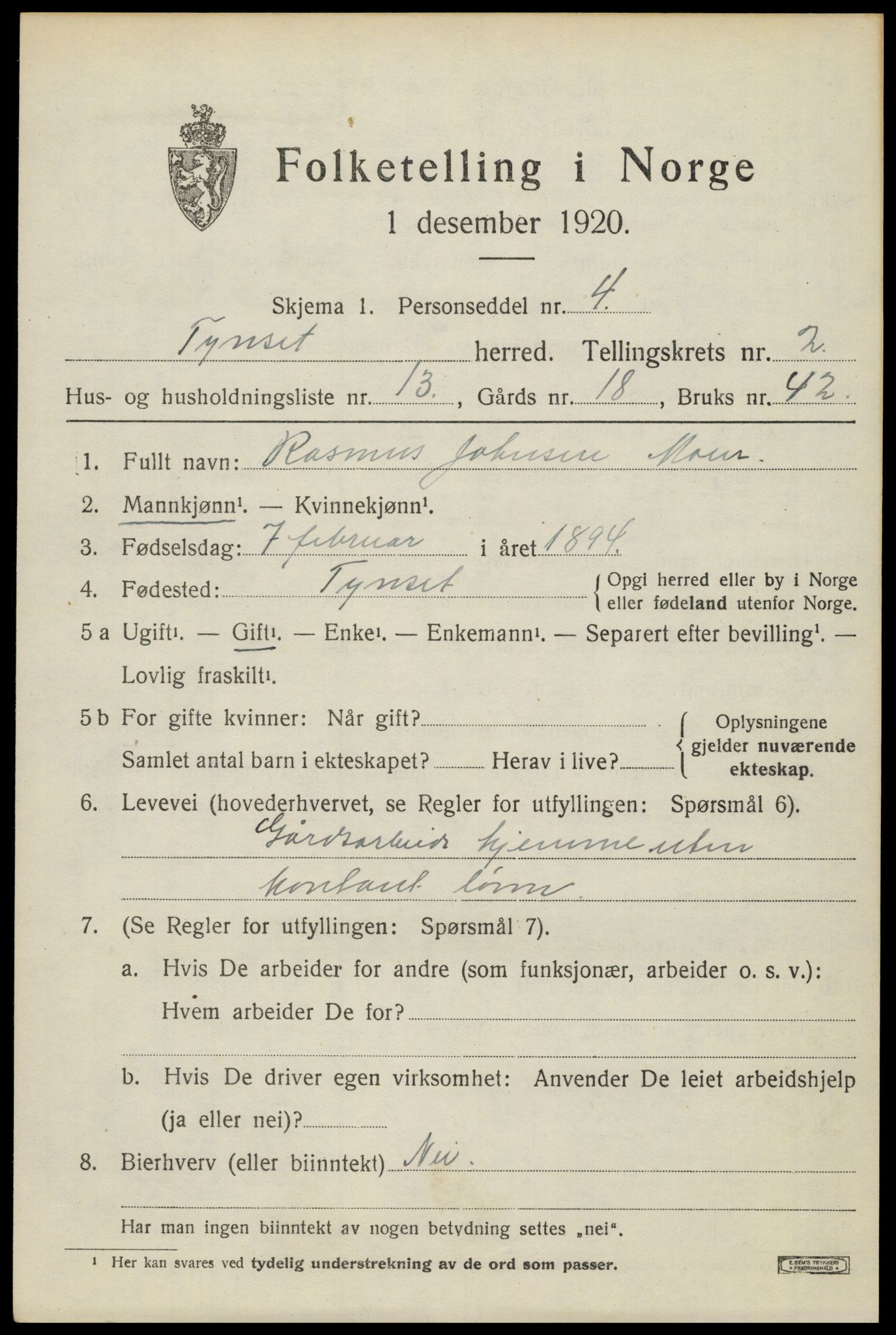 SAH, 1920 census for Tynset, 1920, p. 2432