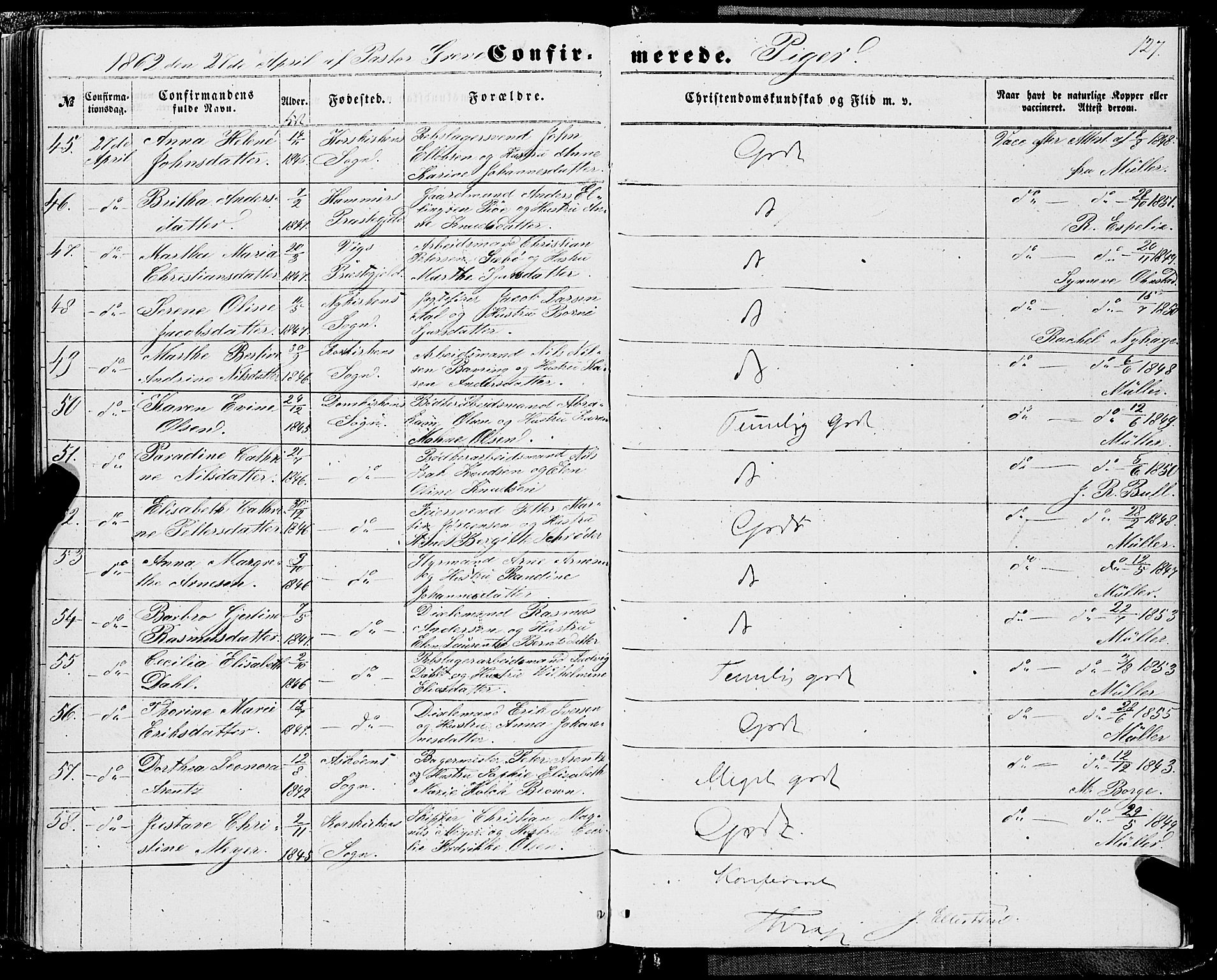 Domkirken sokneprestembete, SAB/A-74801/H/Haa/L0028: Parish register (official) no. C 3, 1852-1864, p. 127