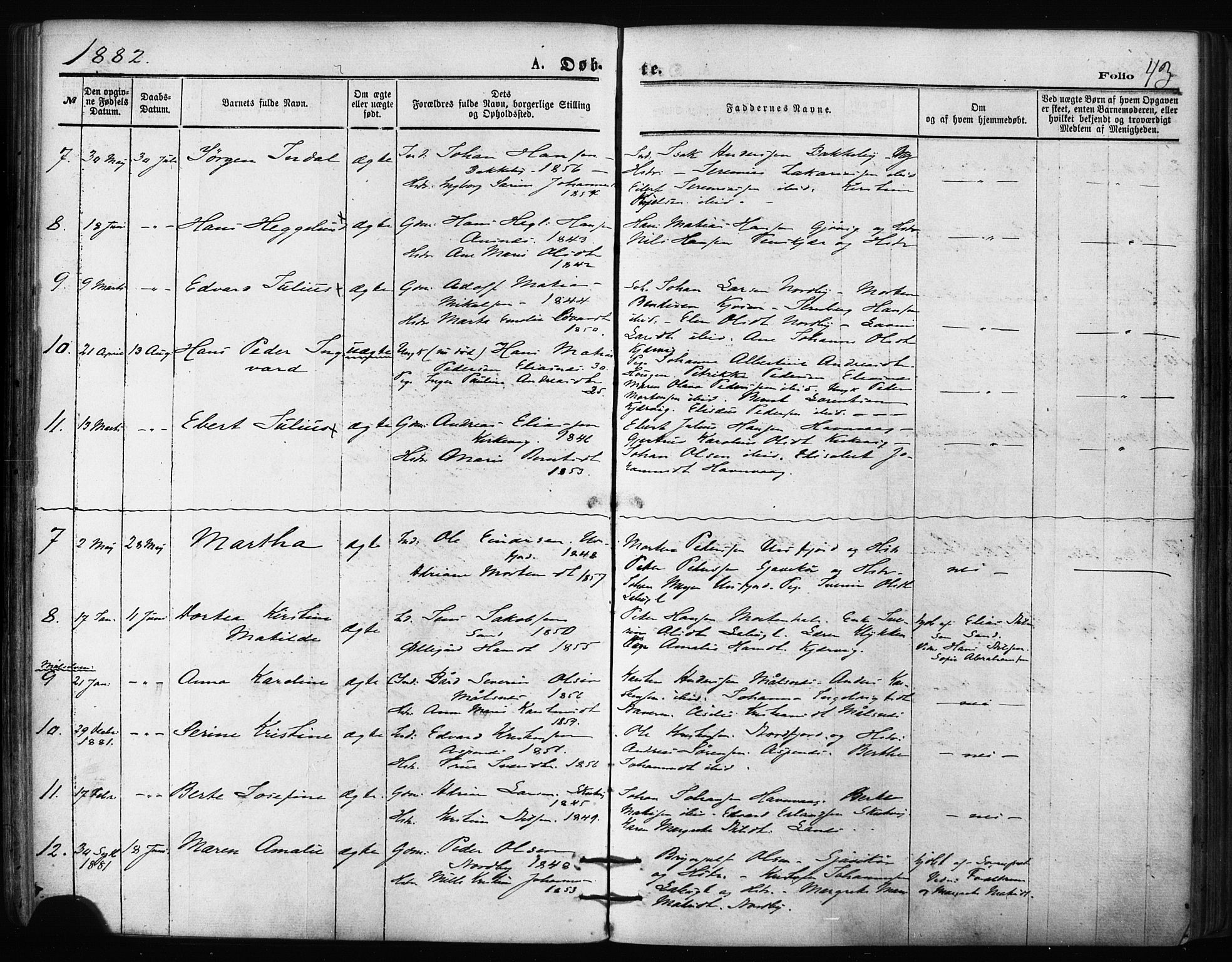 Balsfjord sokneprestembete, AV/SATØ-S-1303/G/Gaa/L0002kirke: Parish register (official) no. 2, 1871-1886, p. 43