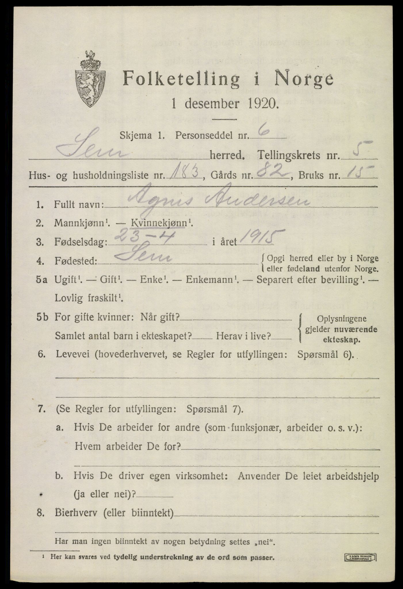 SAKO, 1920 census for Sem, 1920, p. 9583