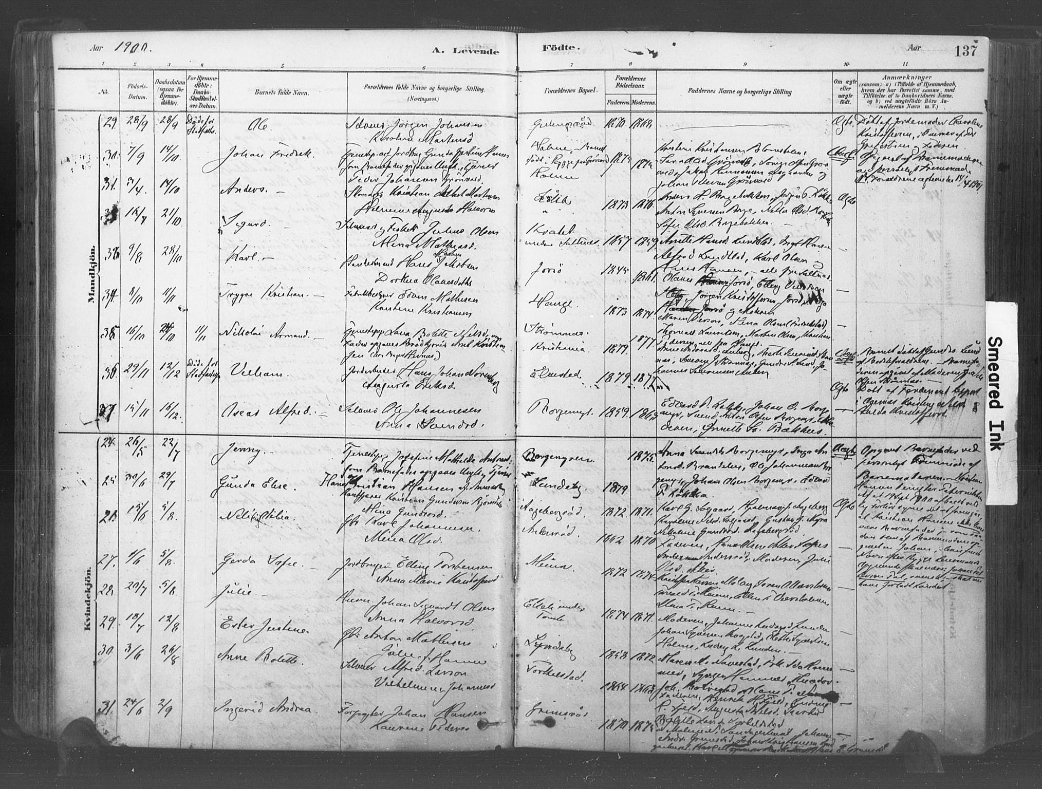 Råde prestekontor kirkebøker, SAO/A-2009/F/Fa/L0007: Parish register (official) no. 7, 1878-1902, p. 137