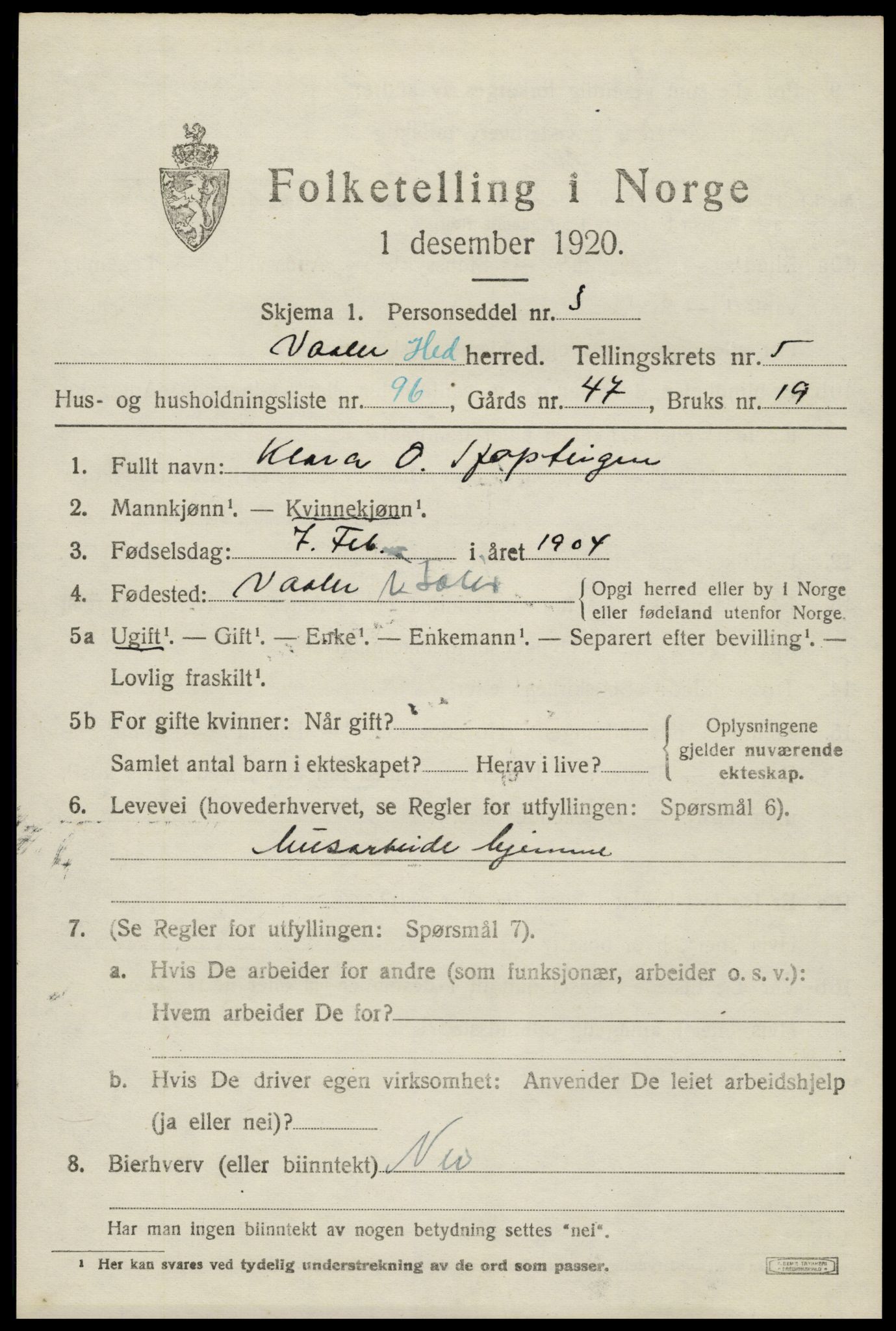 SAH, 1920 census for Våler (Hedmark), 1920, p. 6611