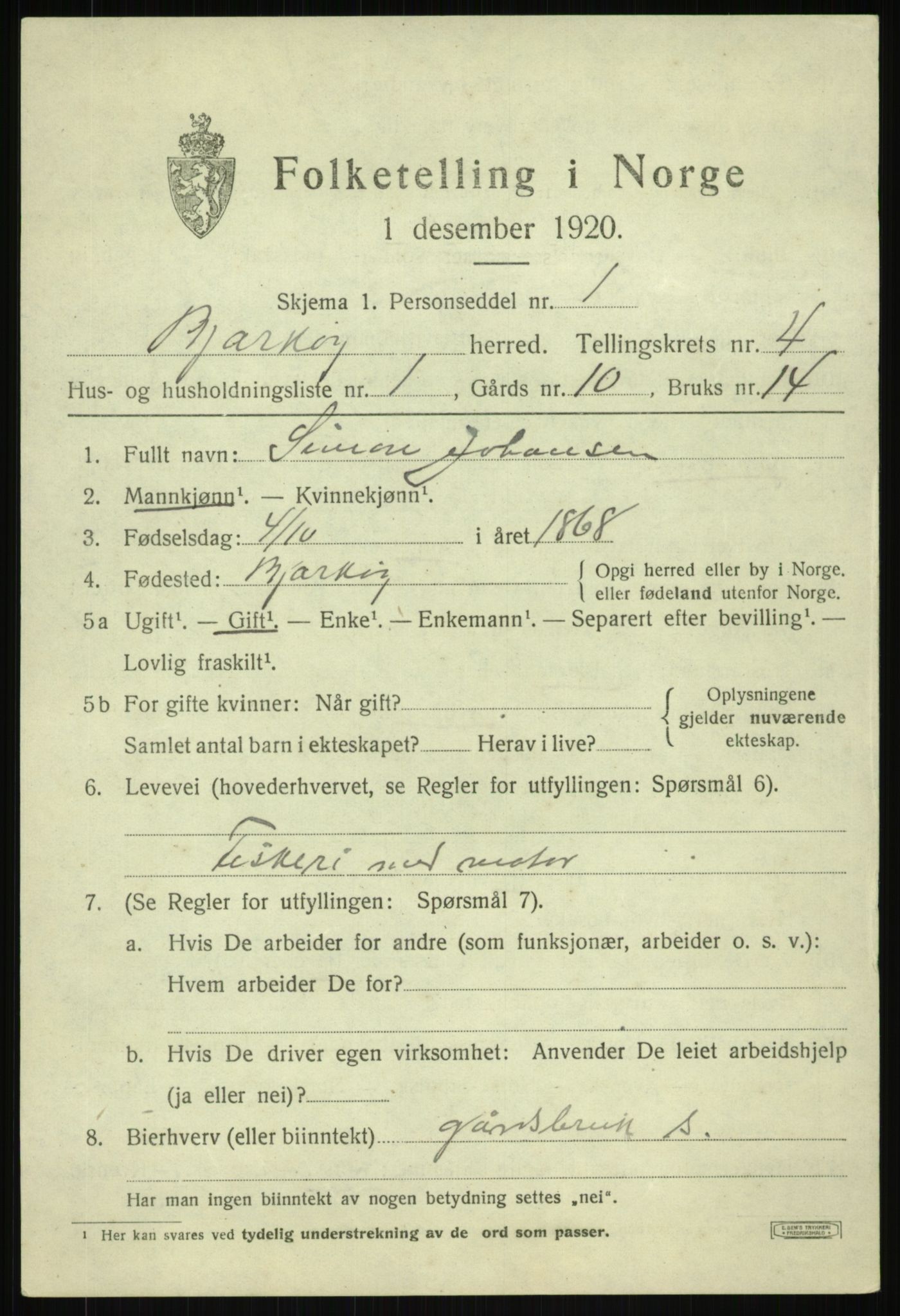 SATØ, 1920 census for Bjarkøy, 1920, p. 2025