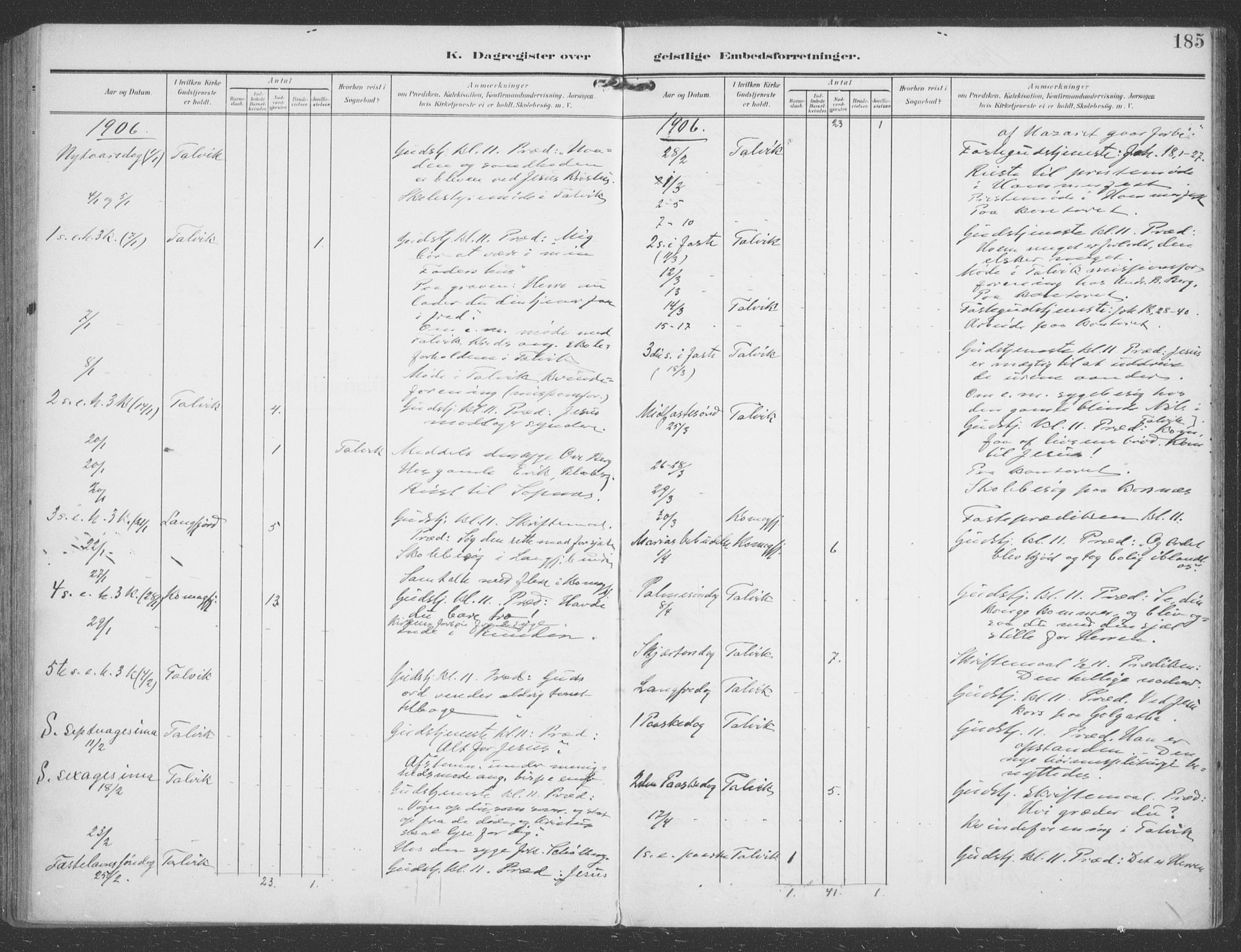 Talvik sokneprestkontor, SATØ/S-1337/H/Ha/L0017kirke: Parish register (official) no. 17, 1906-1915, p. 185