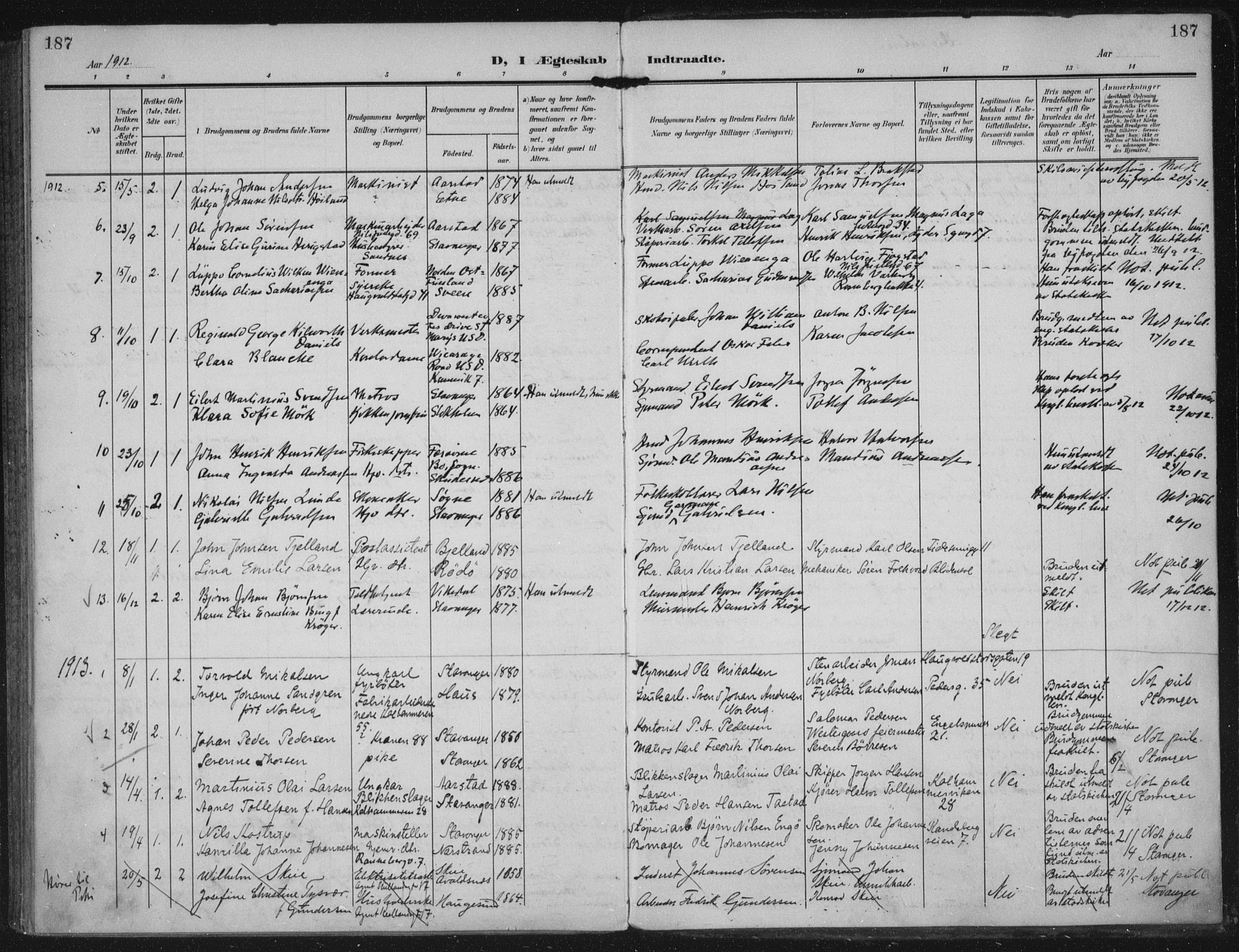 Domkirken sokneprestkontor, SAST/A-101812/002/A/L0016: Parish register (official) no. A 33, 1905-1922, p. 187
