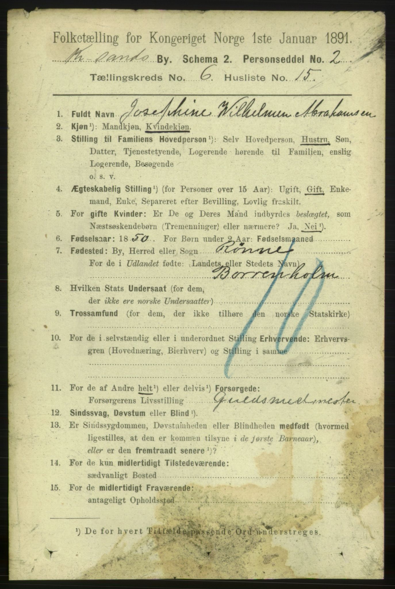 RA, 1891 census for 1001 Kristiansand, 1891, p. 4612