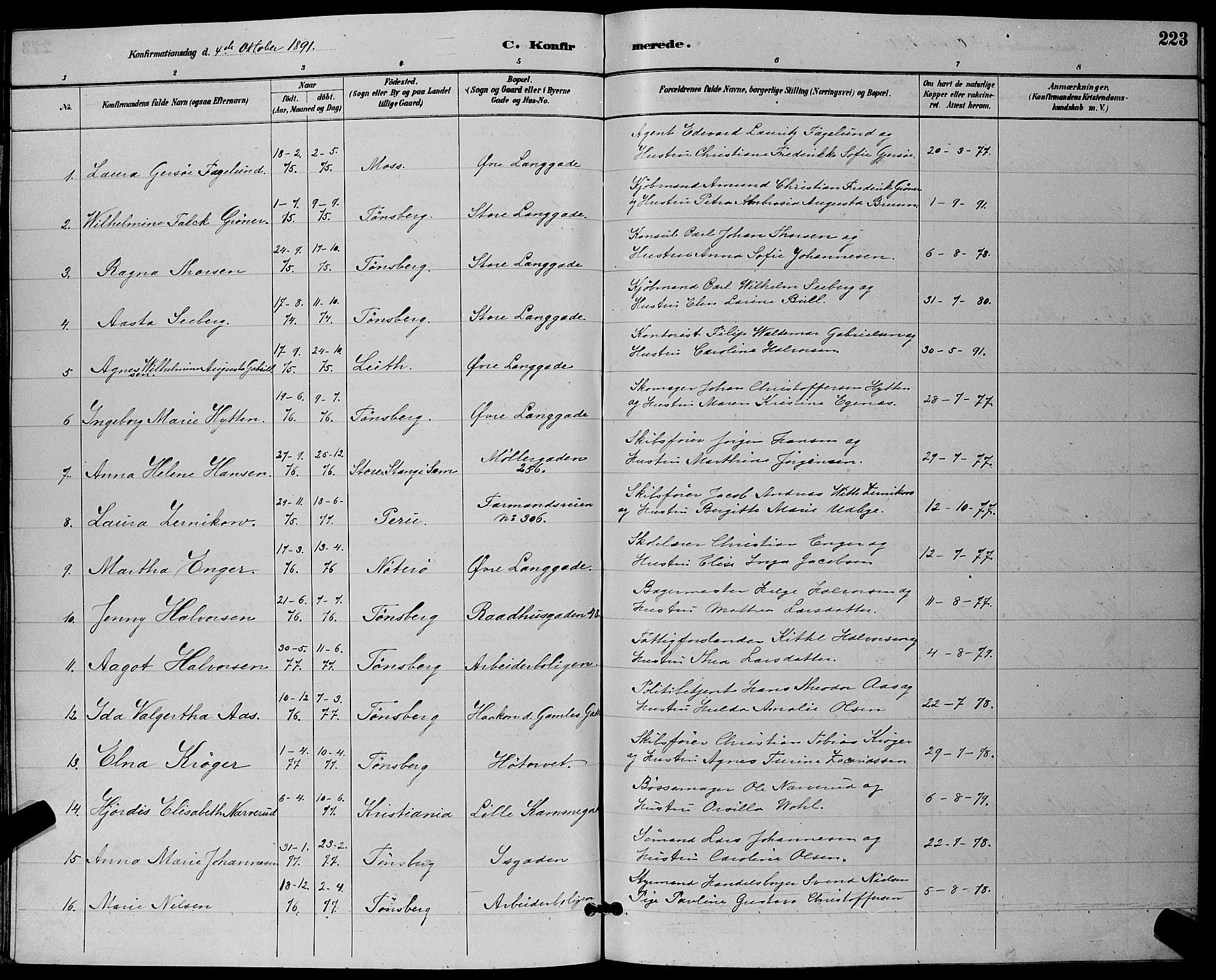 Tønsberg kirkebøker, AV/SAKO-A-330/G/Ga/L0006: Parish register (copy) no. 6, 1885-1895, p. 223