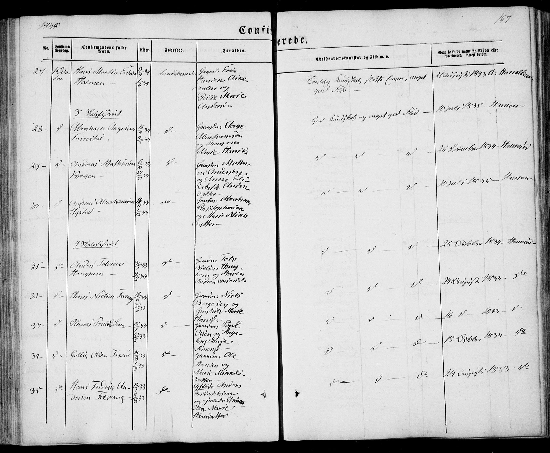 Sandar kirkebøker, AV/SAKO-A-243/F/Fa/L0006: Parish register (official) no. 6, 1847-1860, p. 167