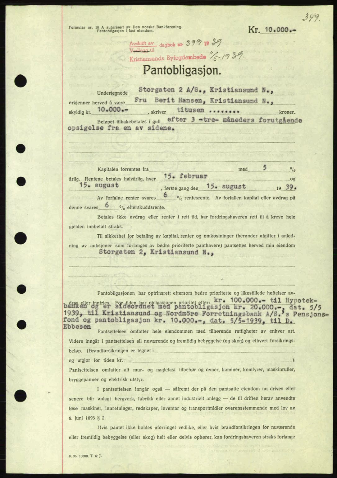 Kristiansund byfogd, AV/SAT-A-4587/A/27: Mortgage book no. 31, 1938-1939, Diary no: : 399/1939