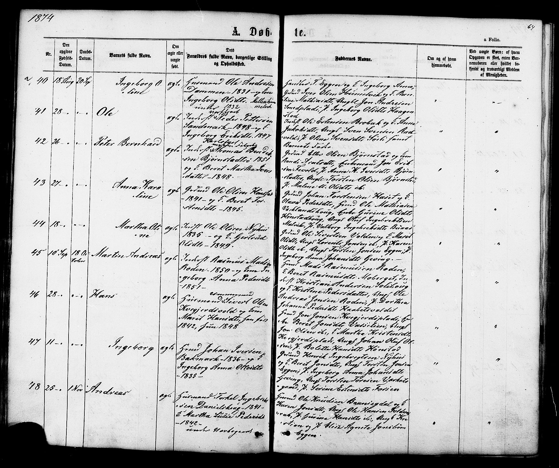 Ministerialprotokoller, klokkerbøker og fødselsregistre - Sør-Trøndelag, SAT/A-1456/616/L0409: Parish register (official) no. 616A06, 1865-1877, p. 64