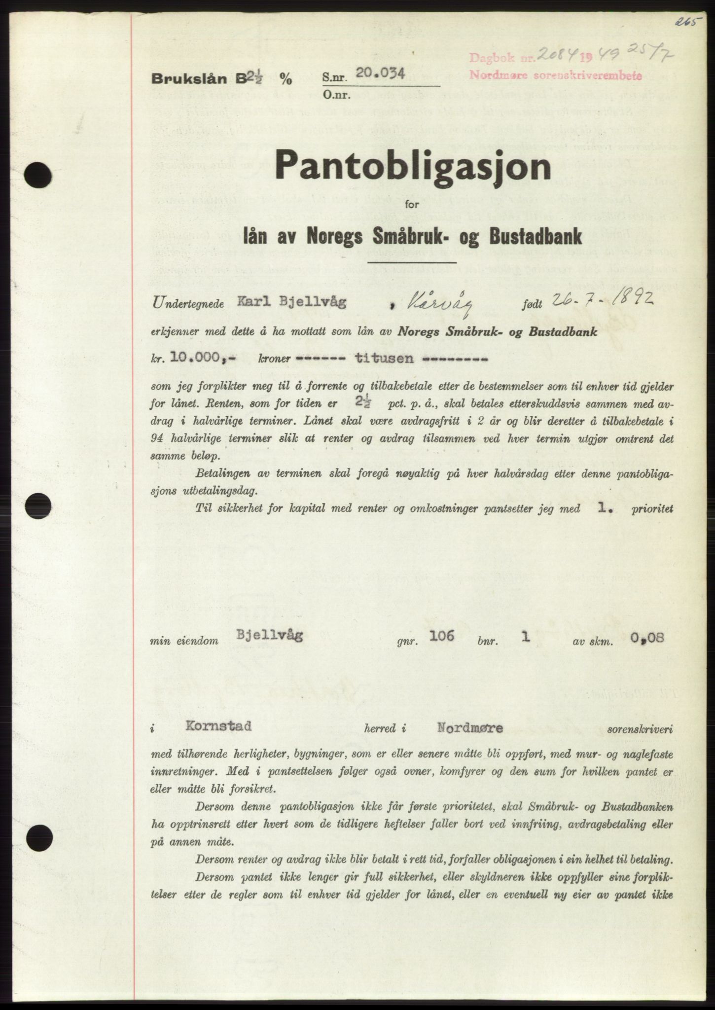 Nordmøre sorenskriveri, AV/SAT-A-4132/1/2/2Ca: Mortgage book no. B102, 1949-1949, Diary no: : 2084/1949