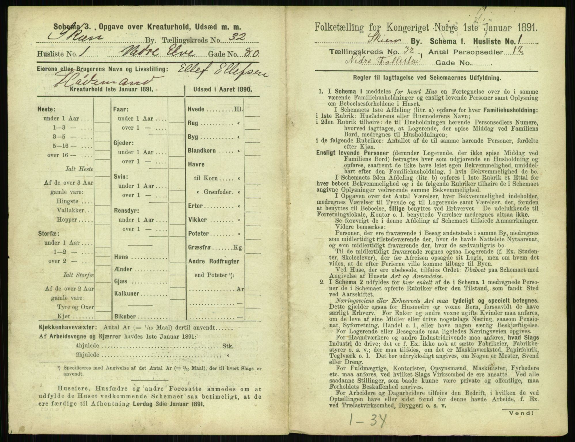 RA, 1891 census for 0806 Skien, 1891, p. 1212