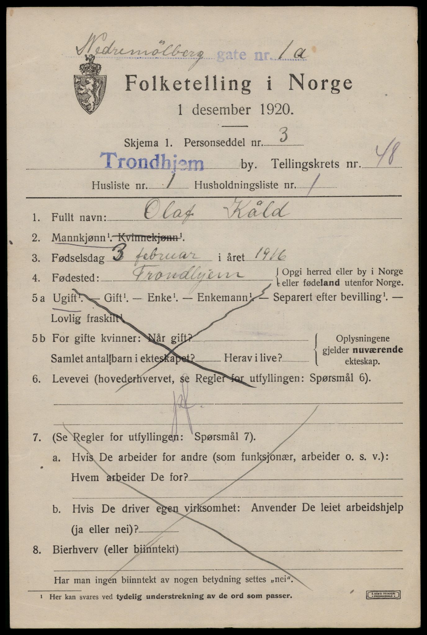 SAT, 1920 census for Trondheim, 1920, p. 100982