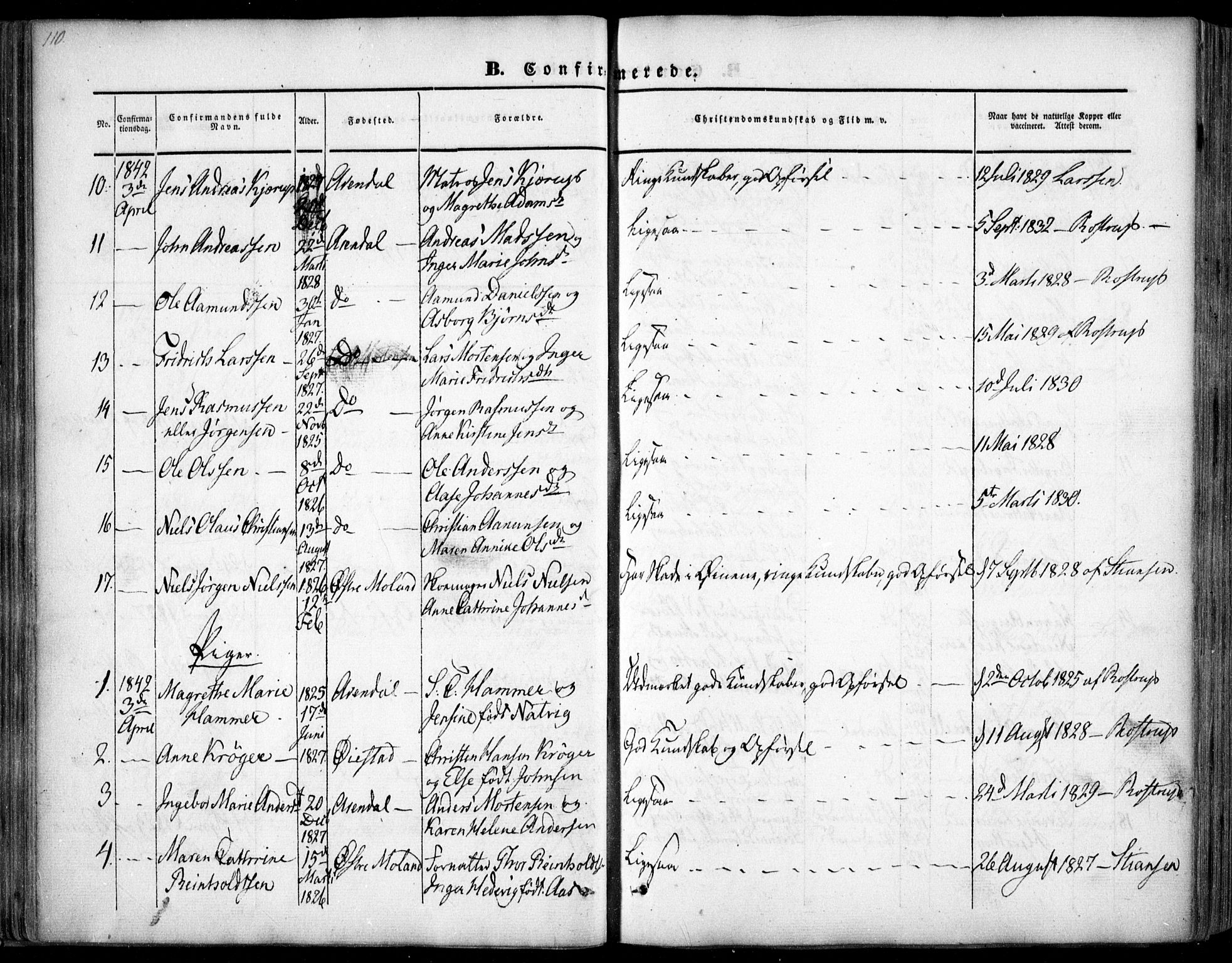 Arendal sokneprestkontor, Trefoldighet, AV/SAK-1111-0040/F/Fa/L0005: Parish register (official) no. A 5, 1838-1854, p. 110